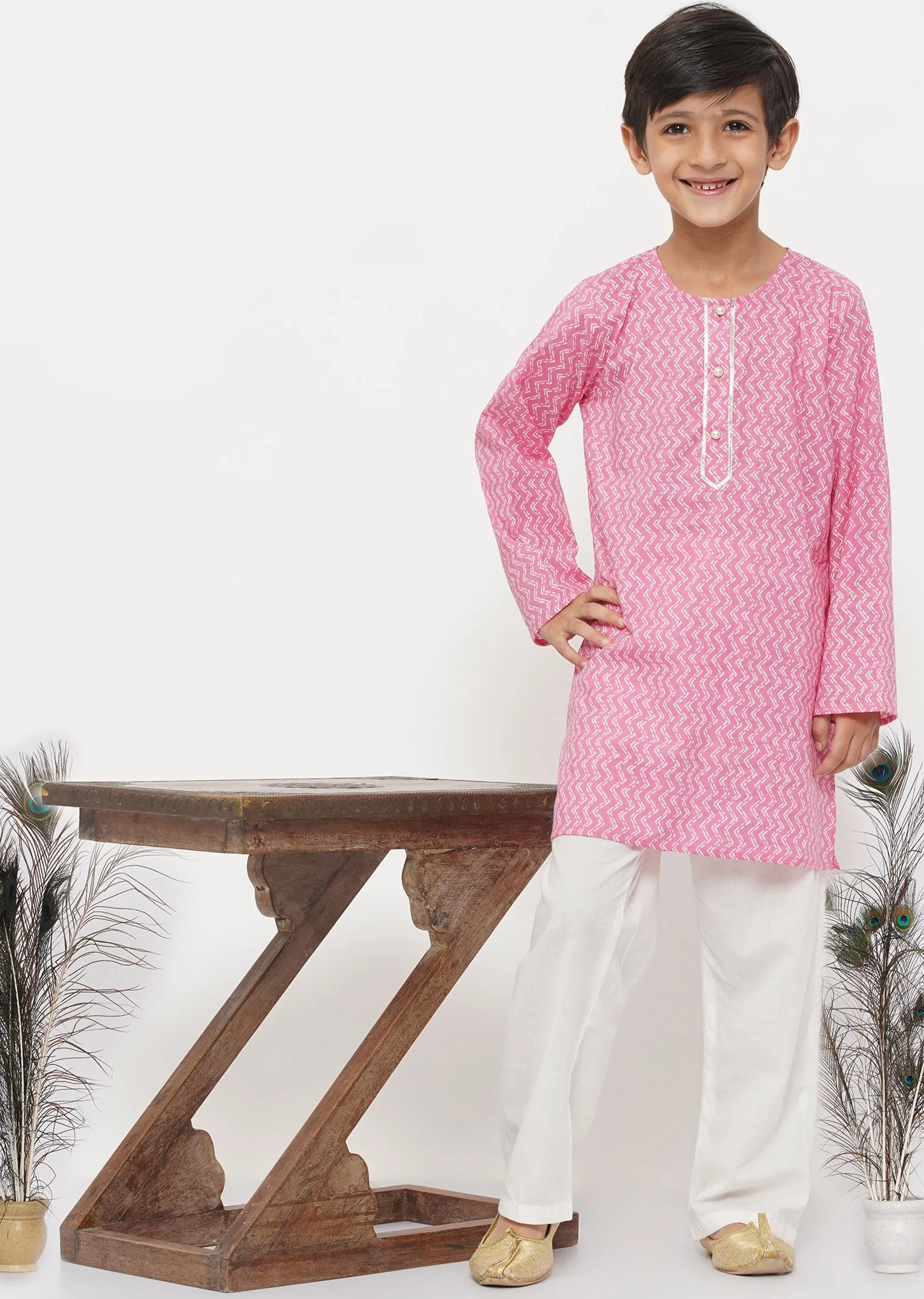 Boy's Cotton Jaipuri Kurta With Pearl Buttons And Pyjama -Pink And Cream - Little Bansi Boys