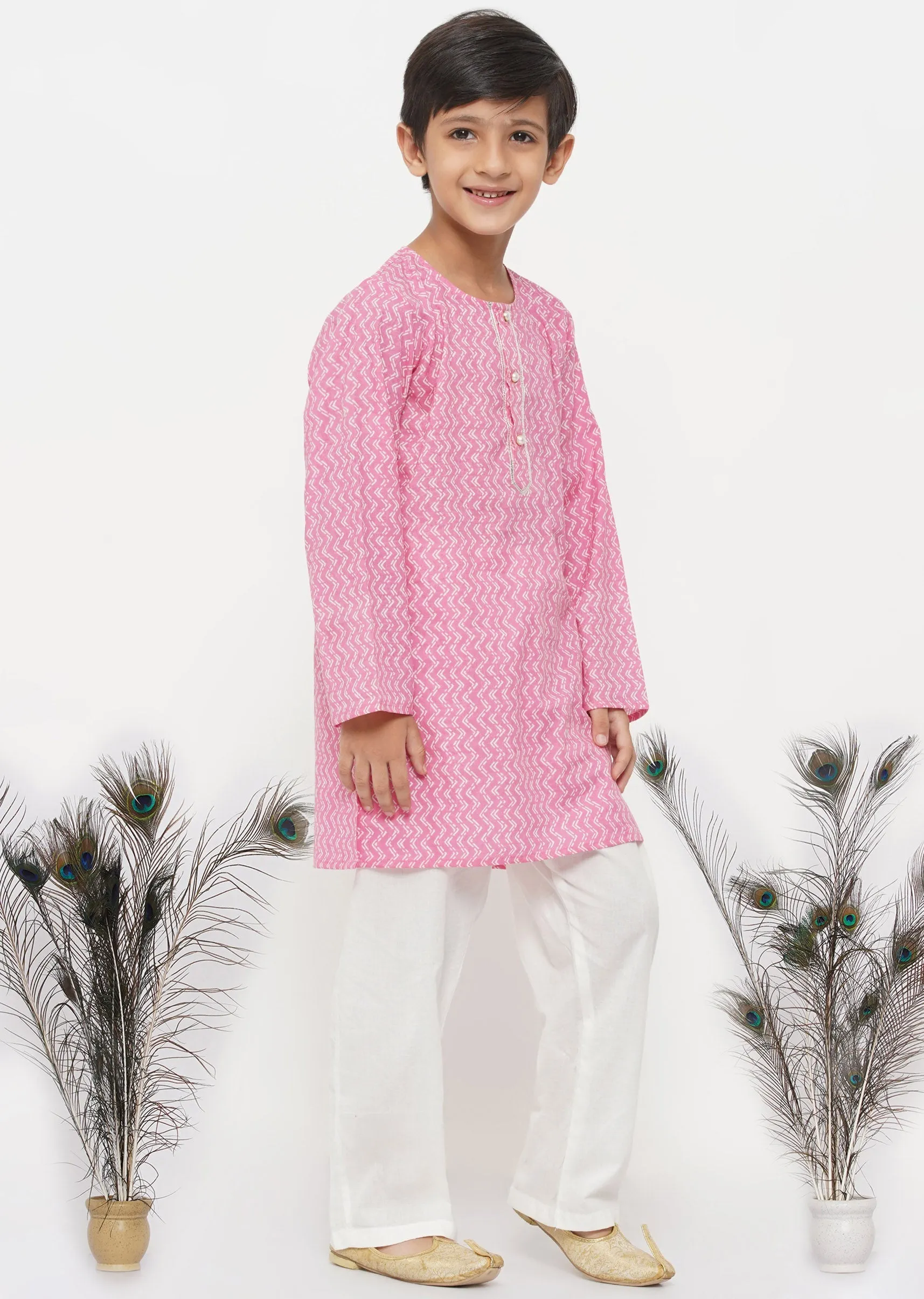 Boy's Cotton Jaipuri Kurta With Pearl Buttons And Pyjama -Pink And Cream - Little Bansi Boys