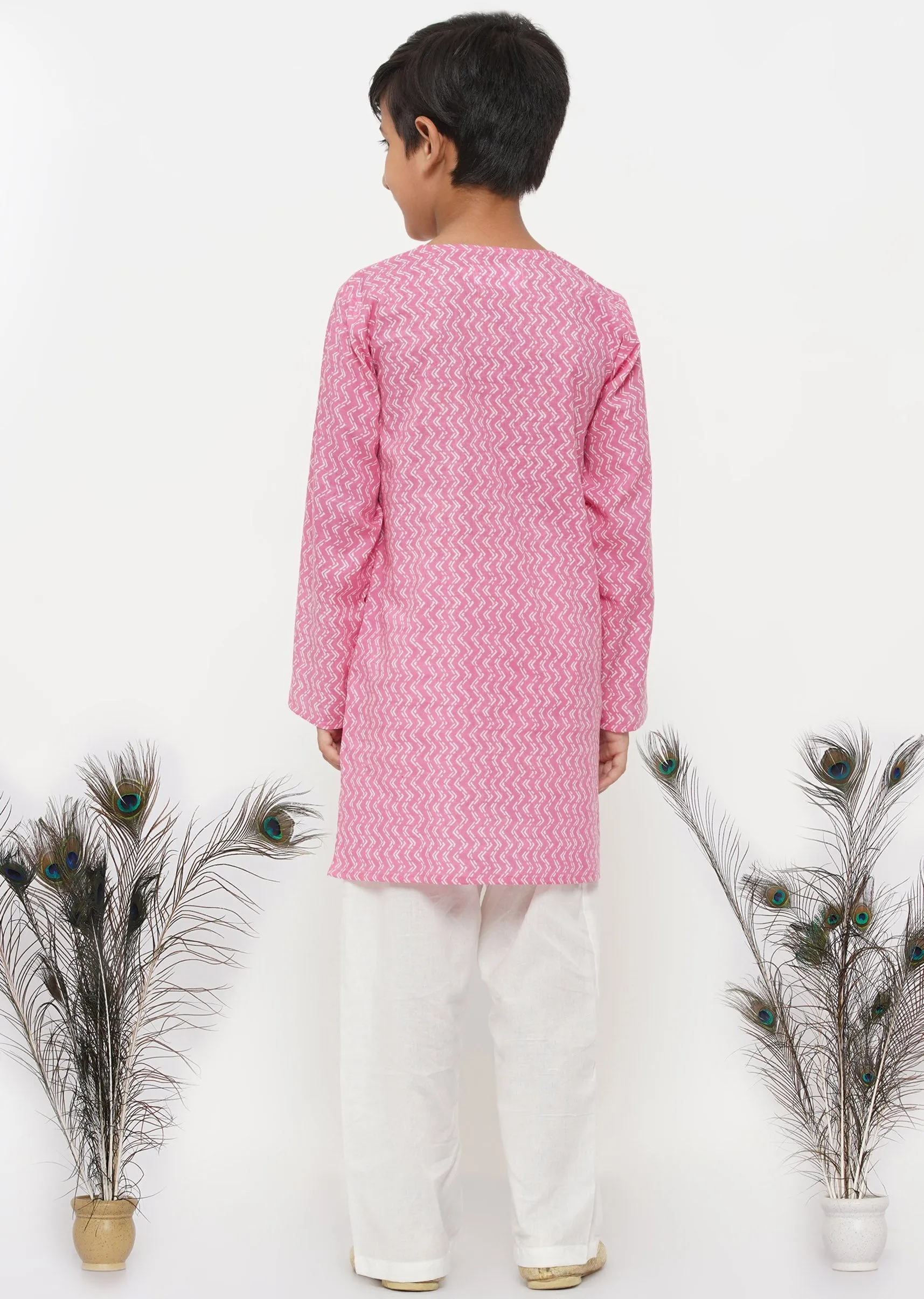 Boy's Cotton Jaipuri Kurta With Pearl Buttons And Pyjama -Pink And Cream - Little Bansi Boys