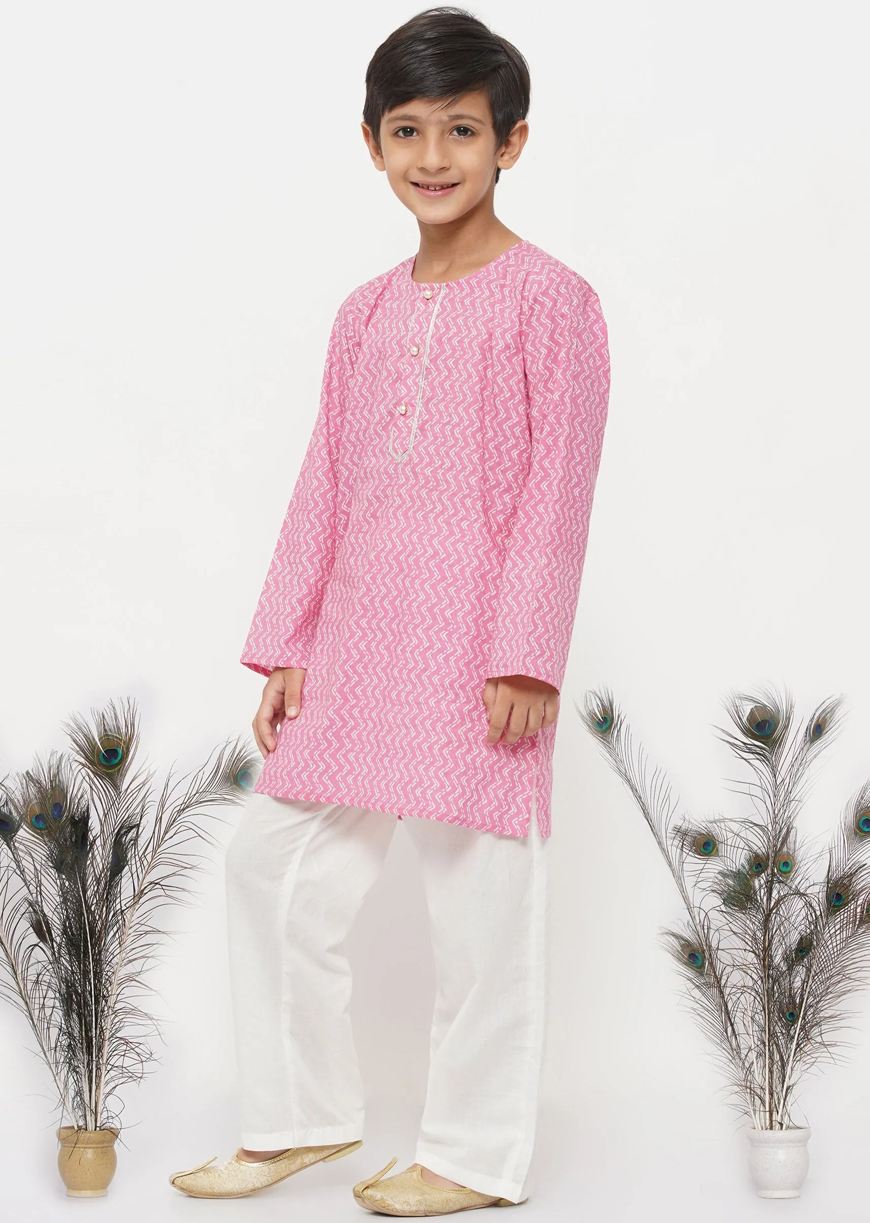 Boy's Cotton Jaipuri Kurta With Pearl Buttons And Pyjama -Pink And Cream - Little Bansi Boys