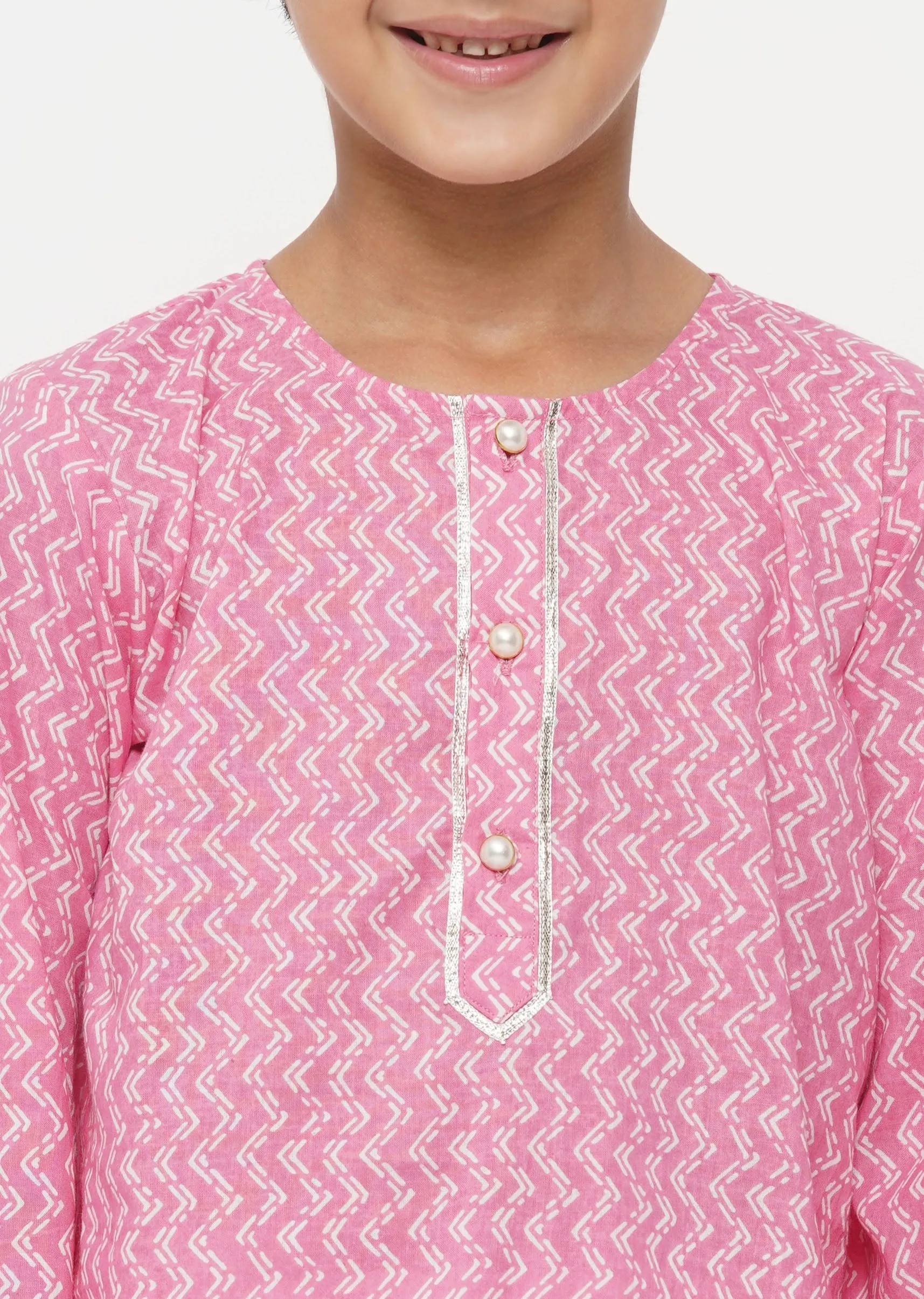 Boy's Cotton Jaipuri Kurta With Pearl Buttons And Pyjama -Pink And Cream - Little Bansi Boys