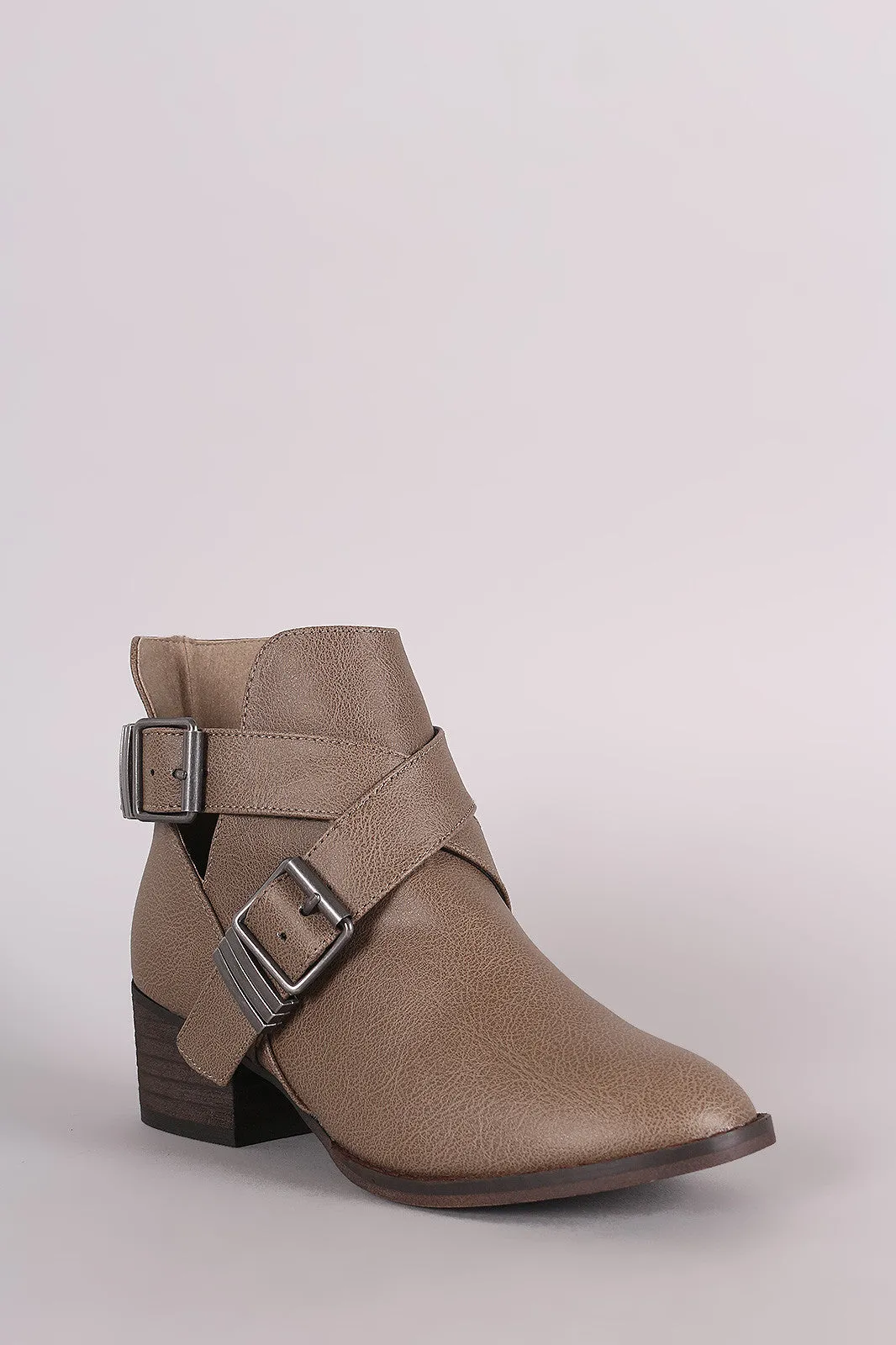 Breckelle Double Buckle Criss Cross Round Toe Cutout Booties