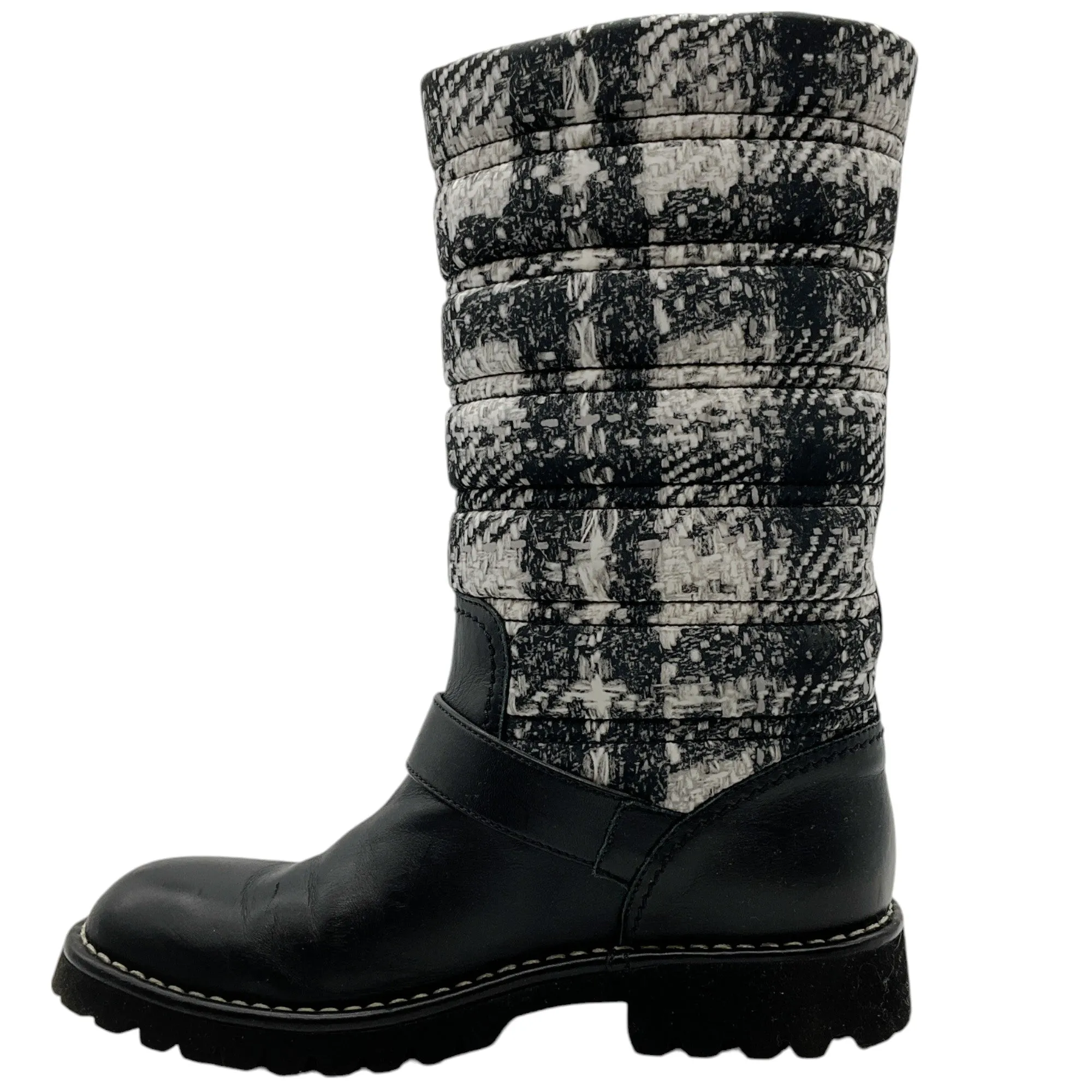 Chanel Black Leather and Tweed Printed Boots