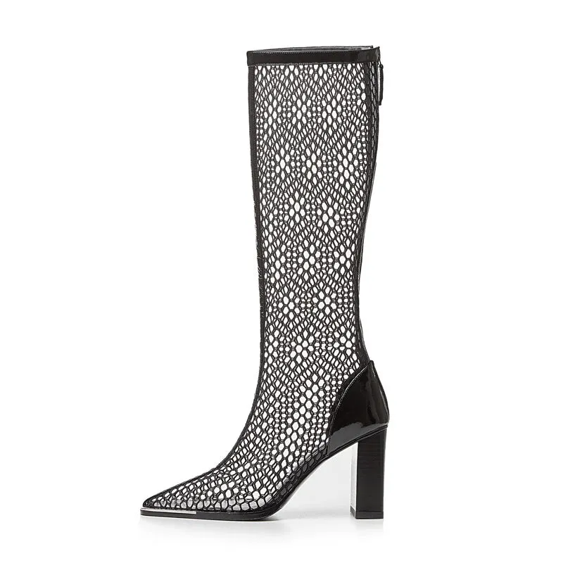 Chunky Heel Boots Mesh Back Zip Black