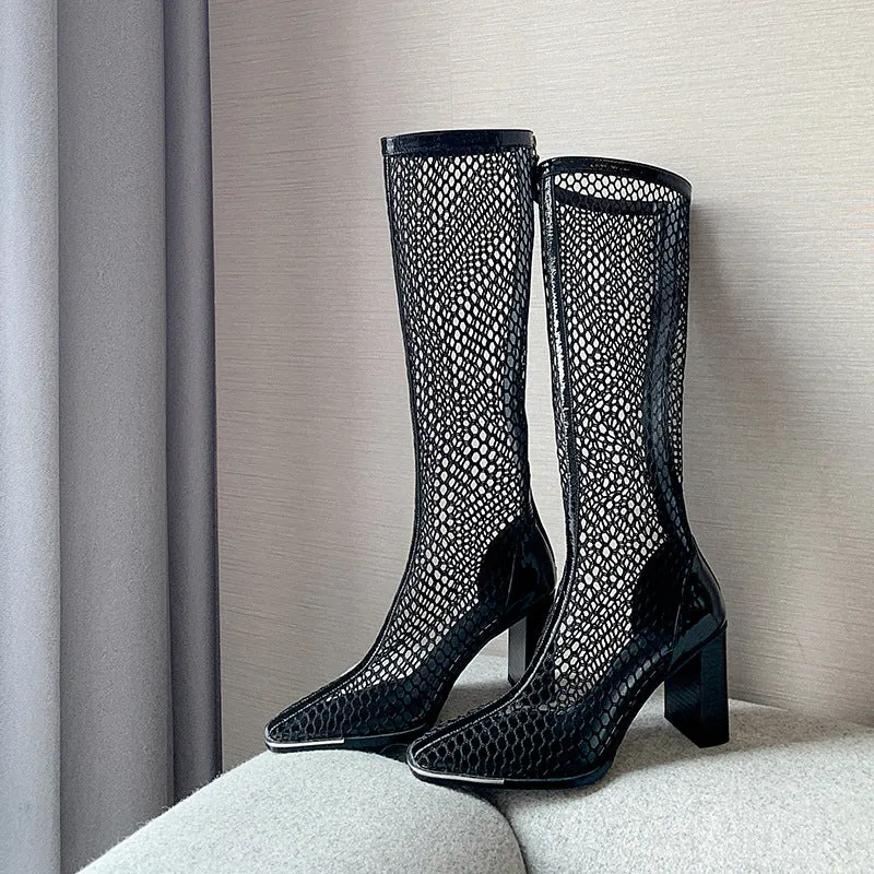 Chunky Heel Boots Mesh Back Zip Black