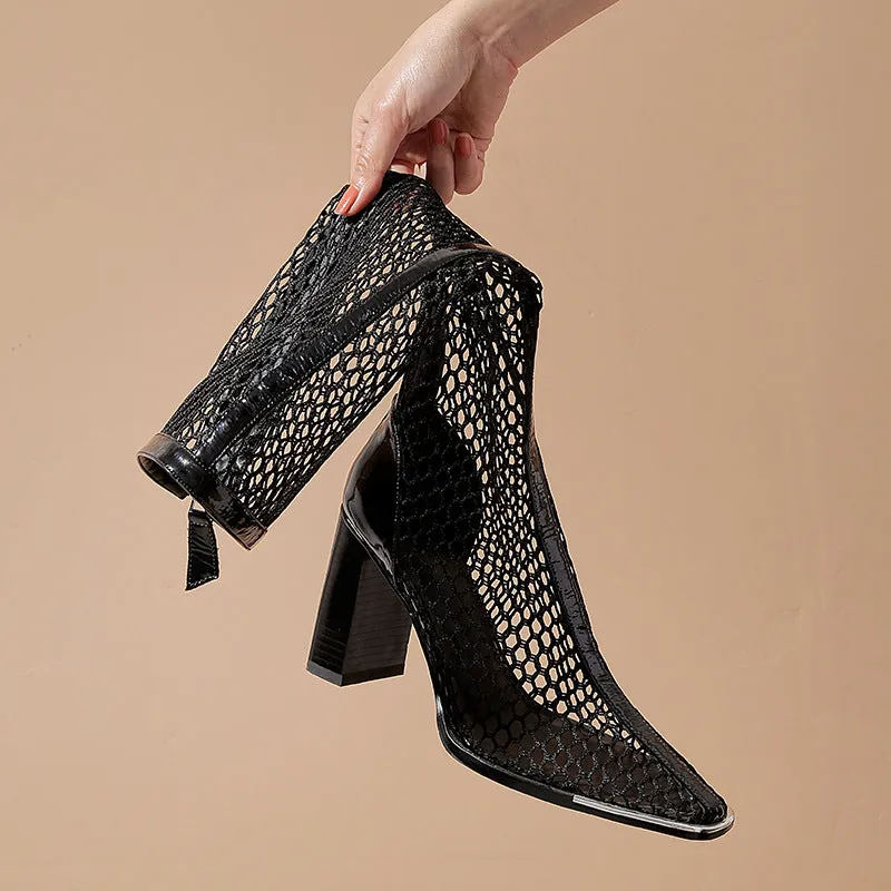 Chunky Heel Boots Mesh Back Zip Black