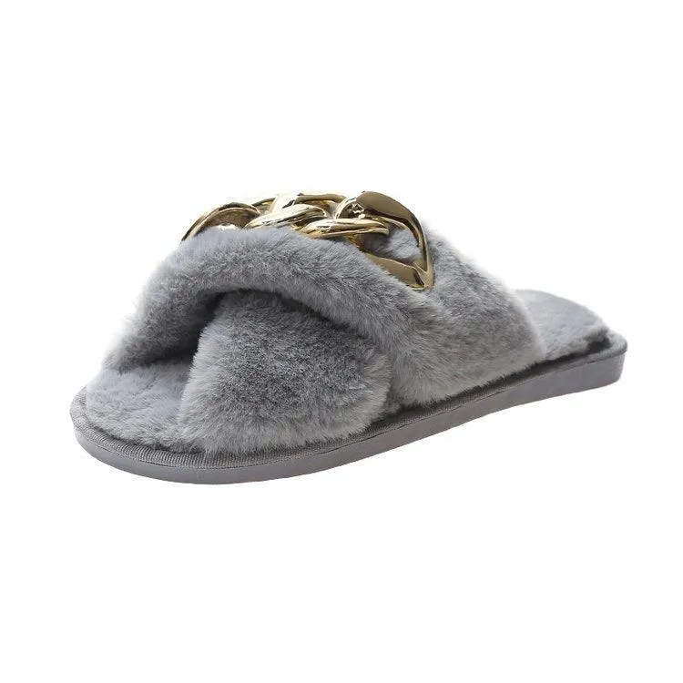 Classic Cross Fur Designed Grey Slipper