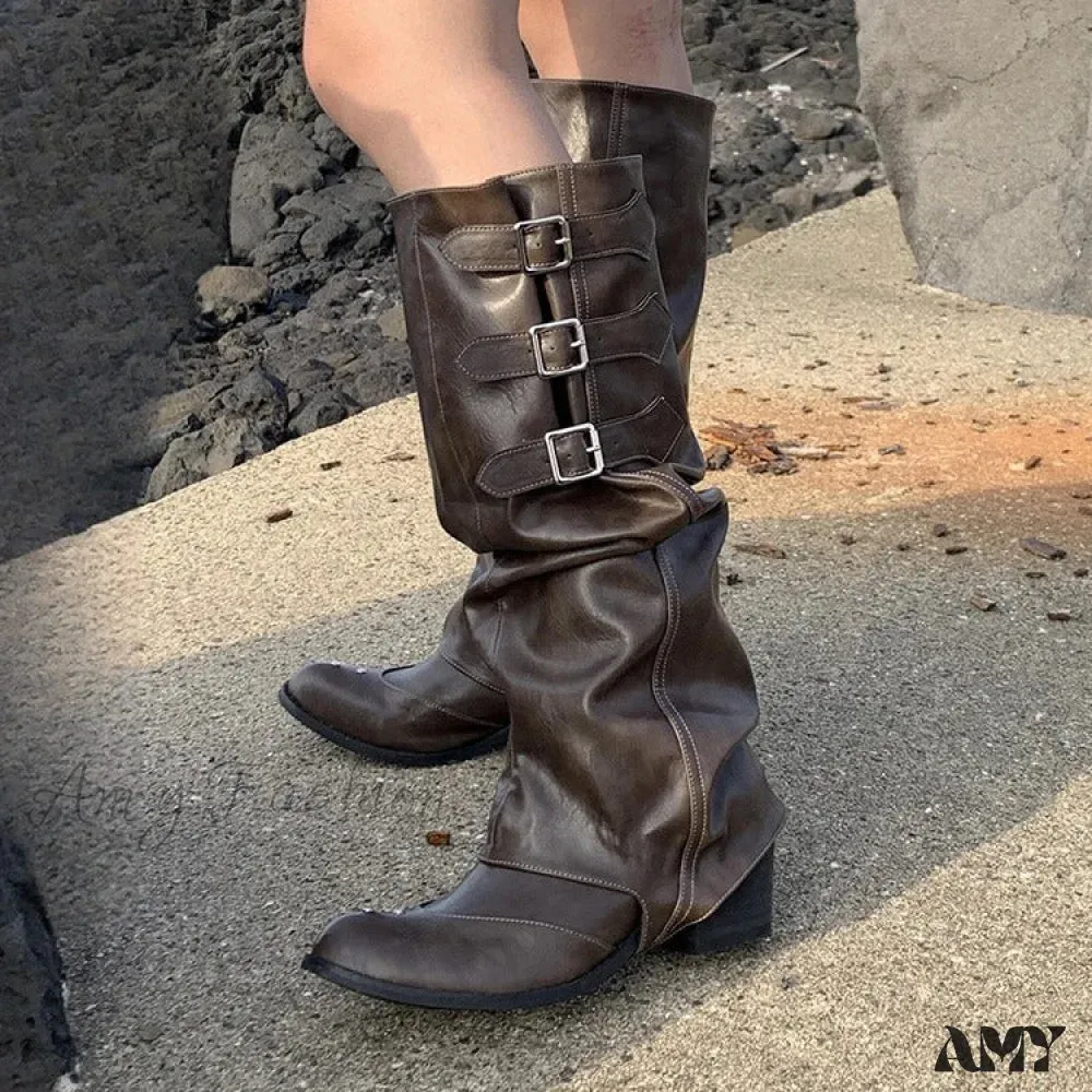 Convertible Belt Buckle Long Boots Brown Western Cowboy Ruched Over-Knee Rider Summer 2024 Women's Shoes