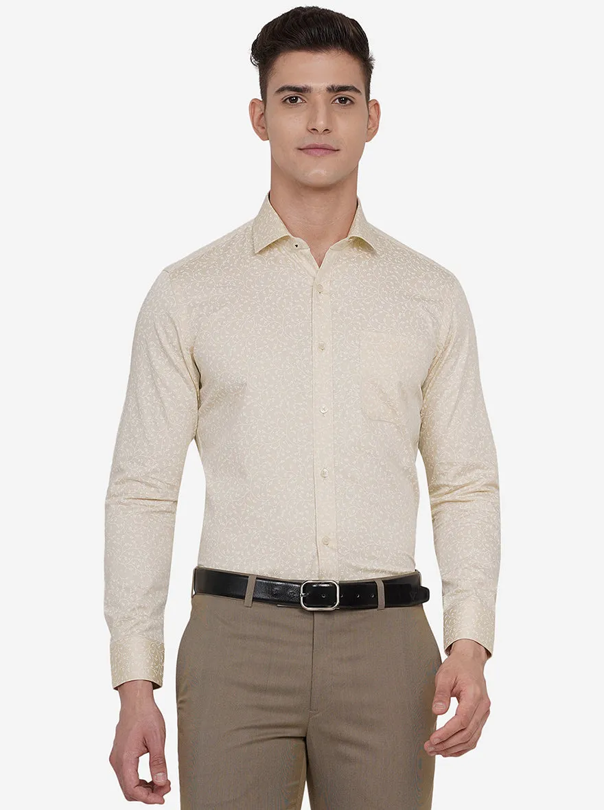 Cream & White Printed Slim Fit Formal Shirt | Greenfibre