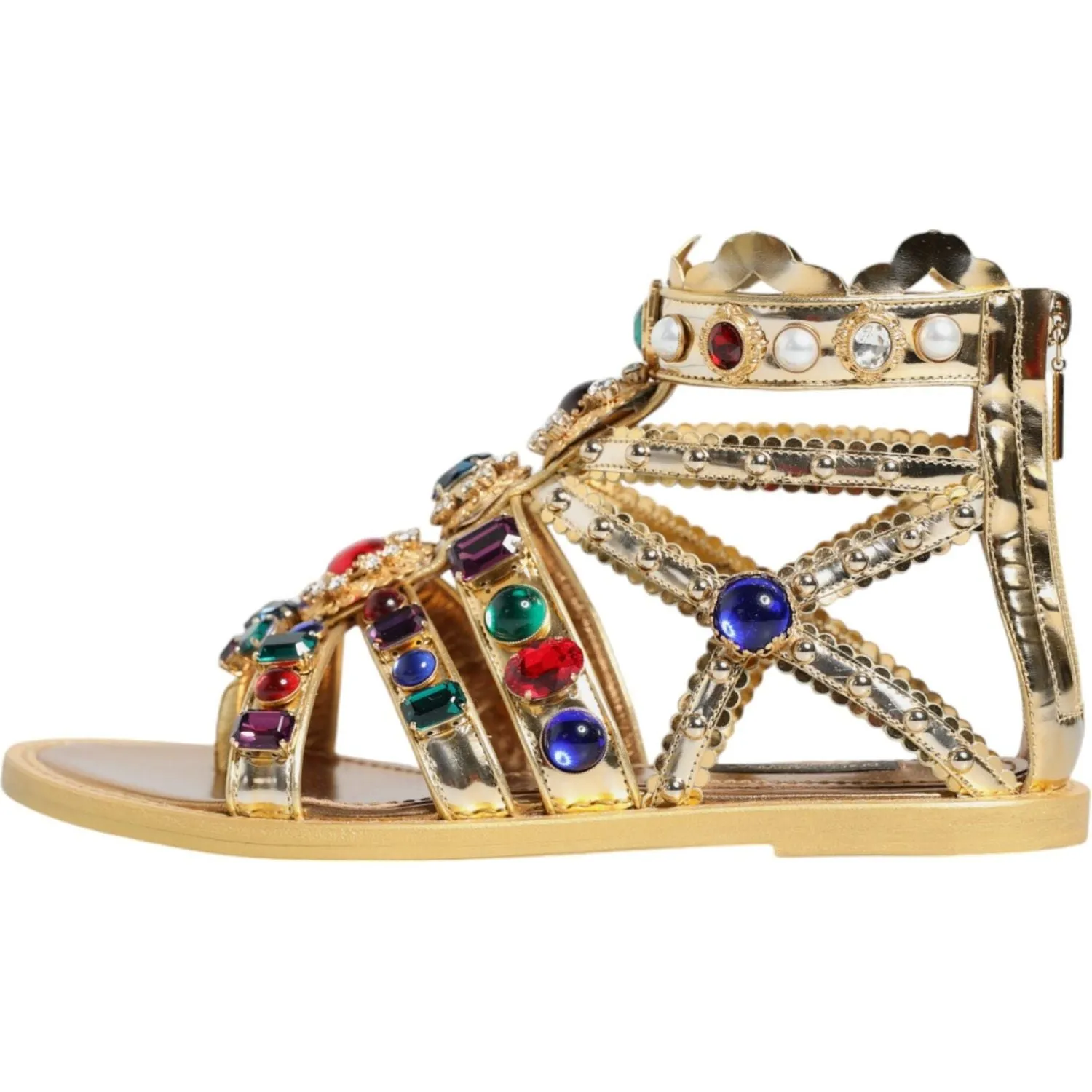 Dolce & Gabbana Gold Leather Crystal Gladiator Sandals Flats Shoes