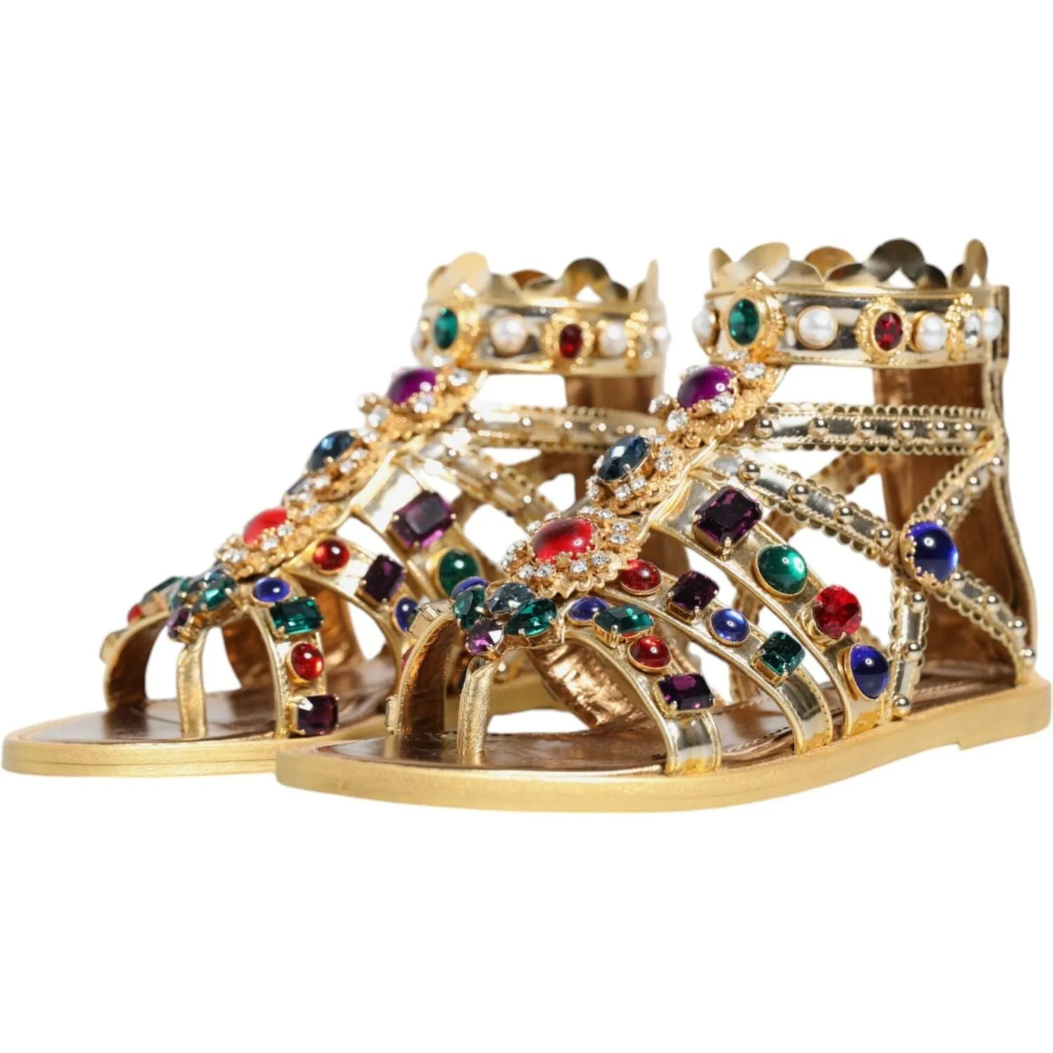 Dolce & Gabbana Gold Leather Crystal Gladiator Sandals Flats Shoes