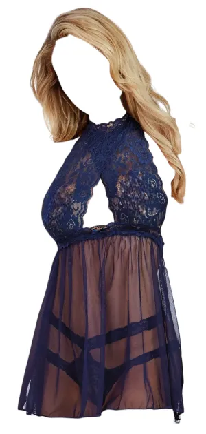 Dreamgirl Stretch Lace and Mesh Babydoll With High-Neck Halter Styling with Panty Midnight