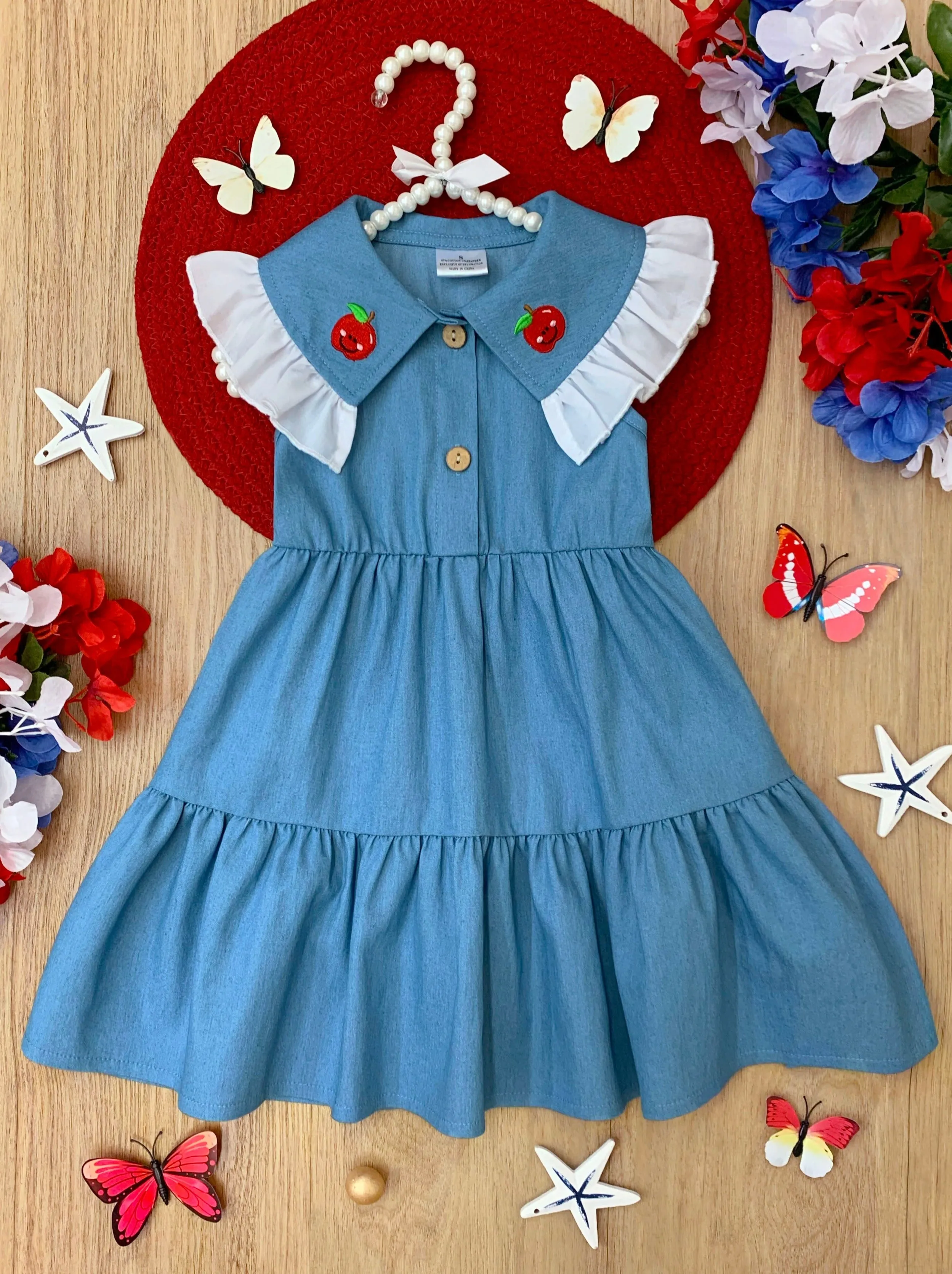 Extra Style Credit Ruffle Collar Denim Dress