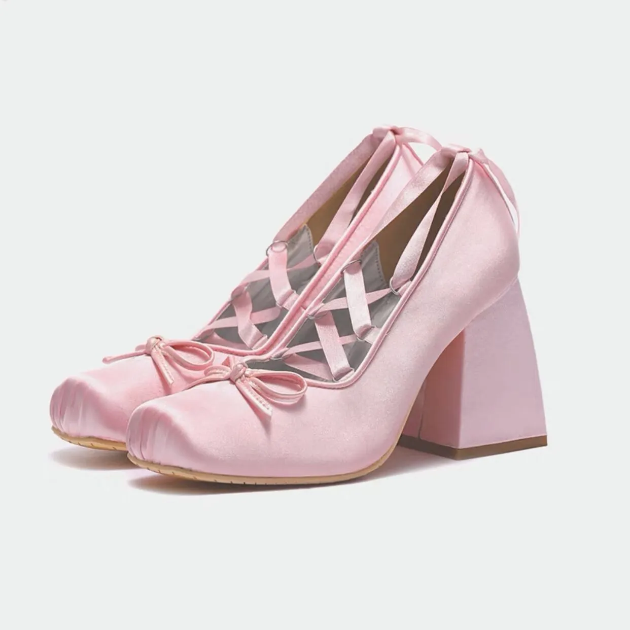 Fashionkova shoes Pink Cross Strap High Heels Chunky Heel Girl Ballet Style Shoes outside Wear French Elegant Satin Lolita Single Shoes