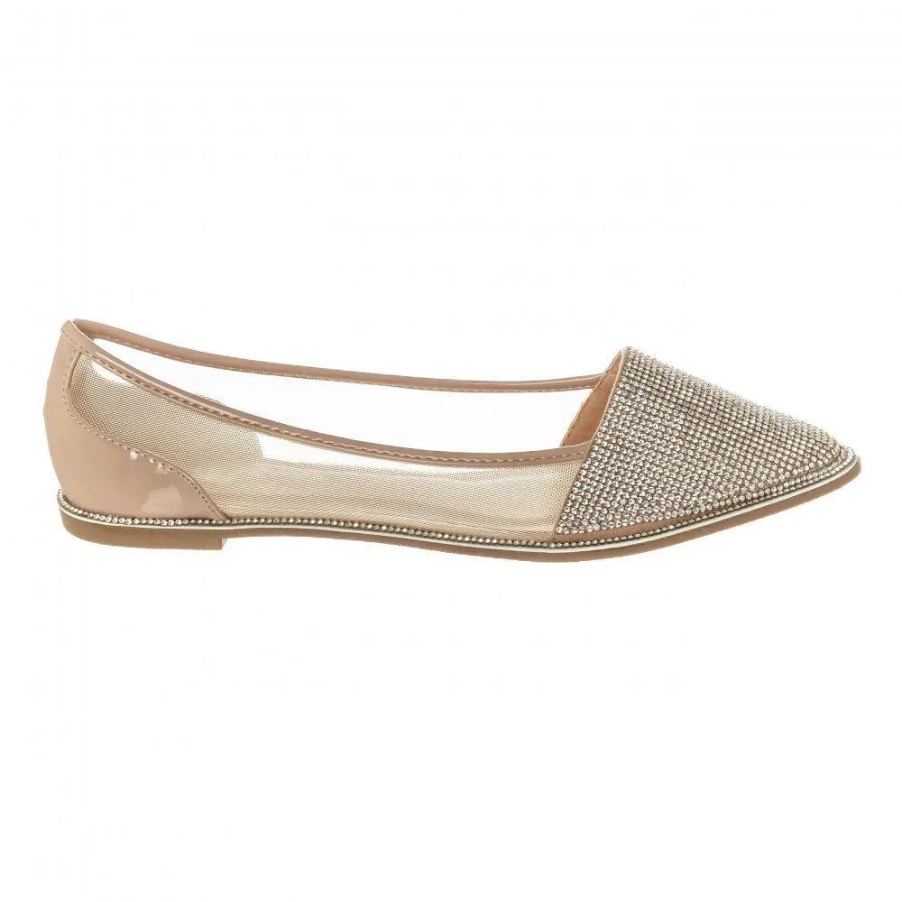 Flat Pointed Toe Diamante Shoe Mesh Side