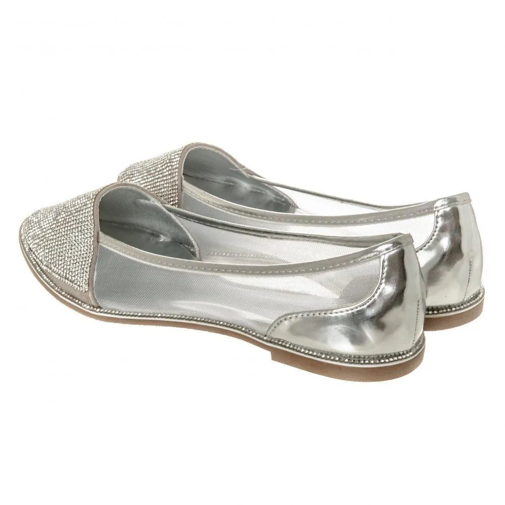 Flat Pointed Toe Diamante Shoe Mesh Side