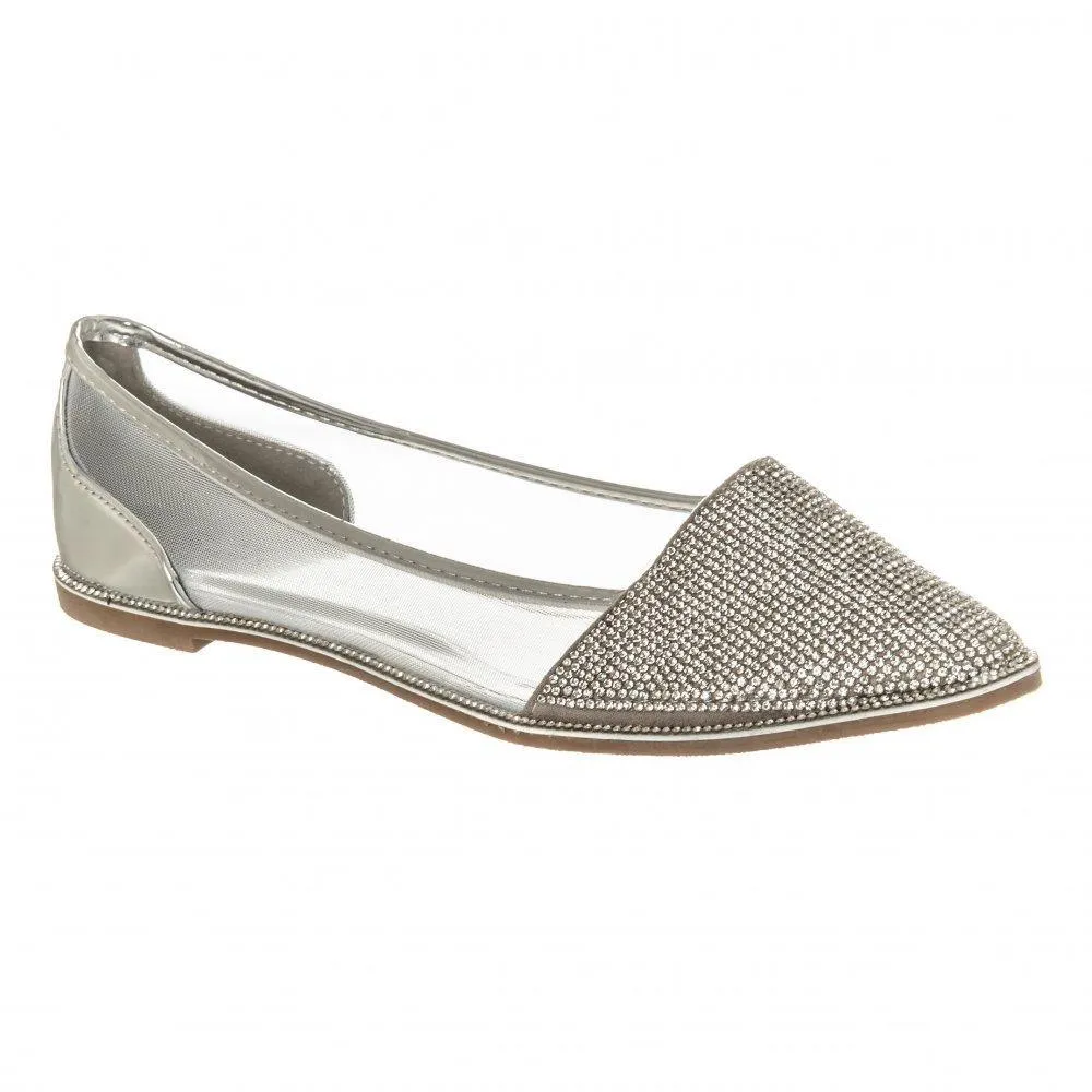 Flat Pointed Toe Diamante Shoe Mesh Side