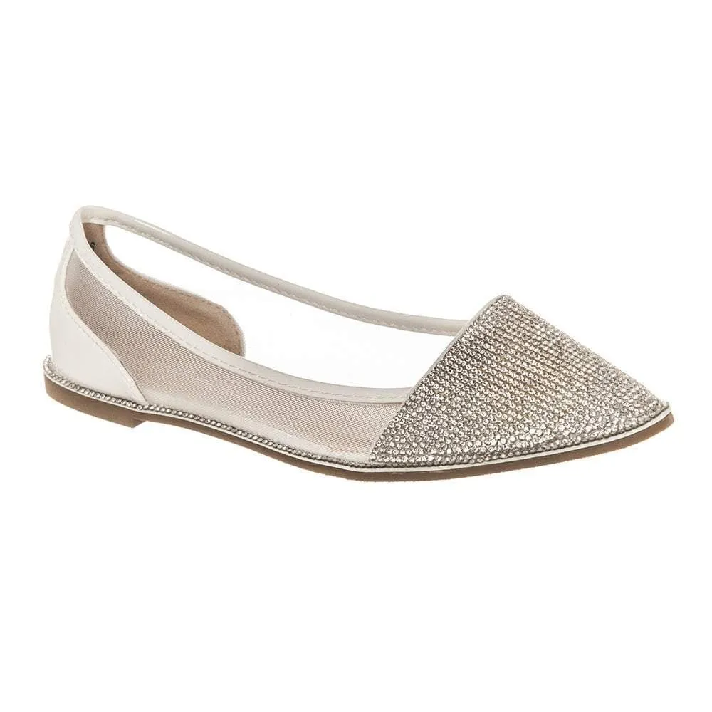 Flat Pointed Toe Diamante Shoe Mesh Side