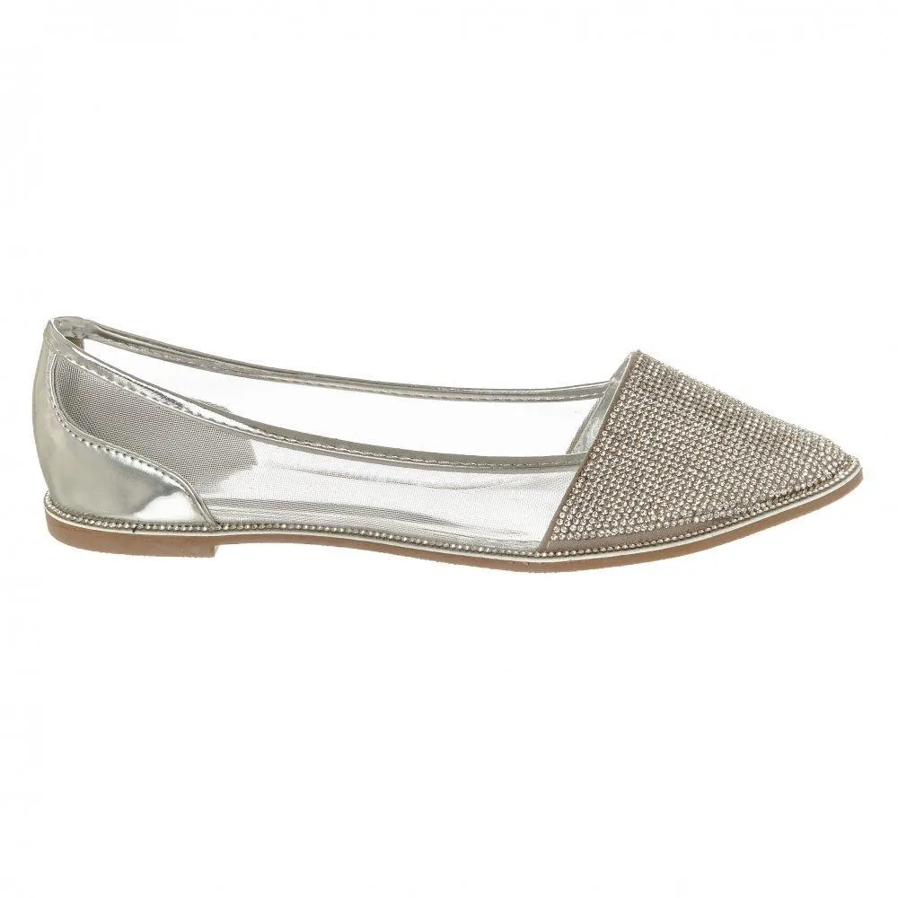 Flat Pointed Toe Diamante Shoe Mesh Side