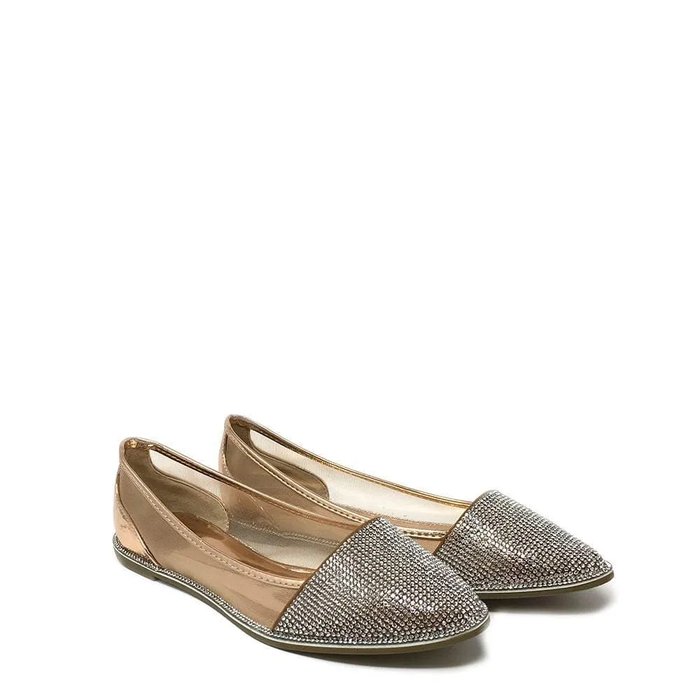 Flat Pointed Toe Diamante Shoe Mesh Side