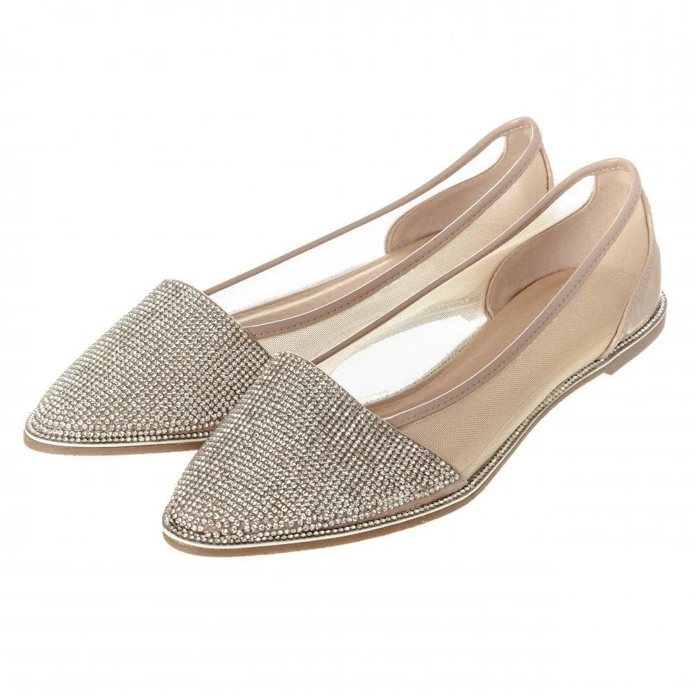 Flat Pointed Toe Diamante Shoe Mesh Side