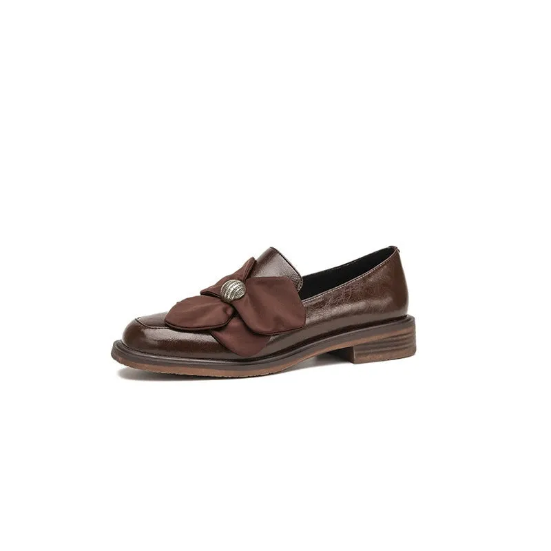 Flower Detail Leather Loafers Soft Round Toe Handmade in Black/Brown