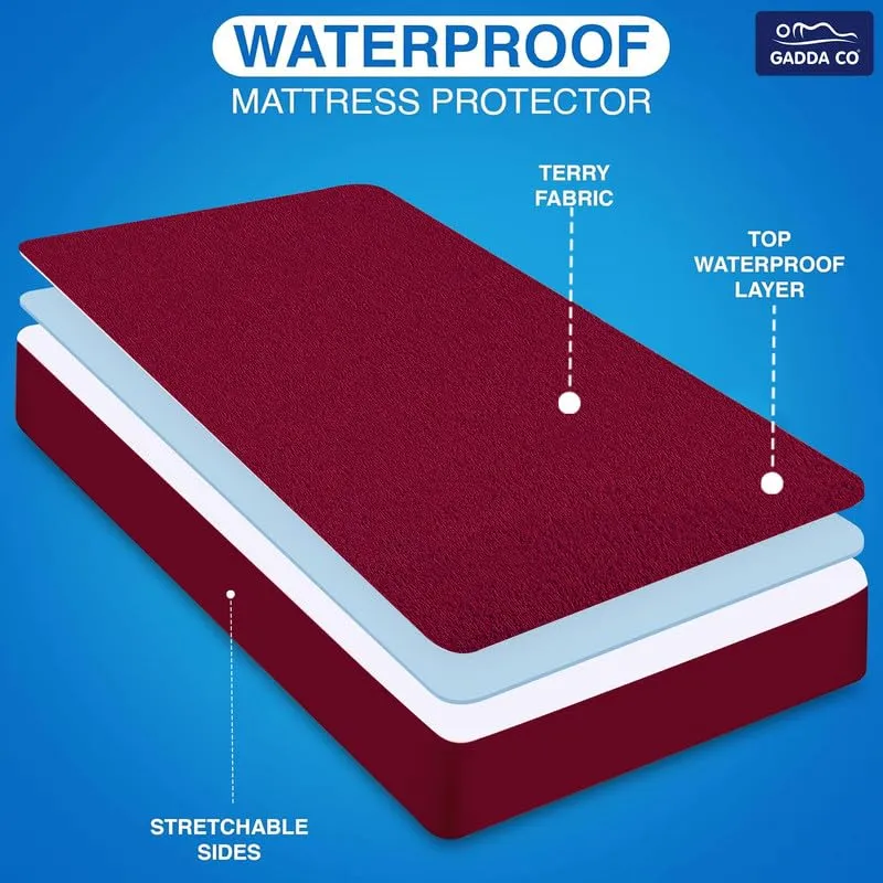 GADDA CO 100% Waterproof Bamboo Feel Premium Cotton Mattress Protector | Anti-Bacterial Bed Cover, Hypoallergenic, Breathable Ultra Soft Fitted - Double Bed Size (72x72 inch | 6x6 feet) Beetroot