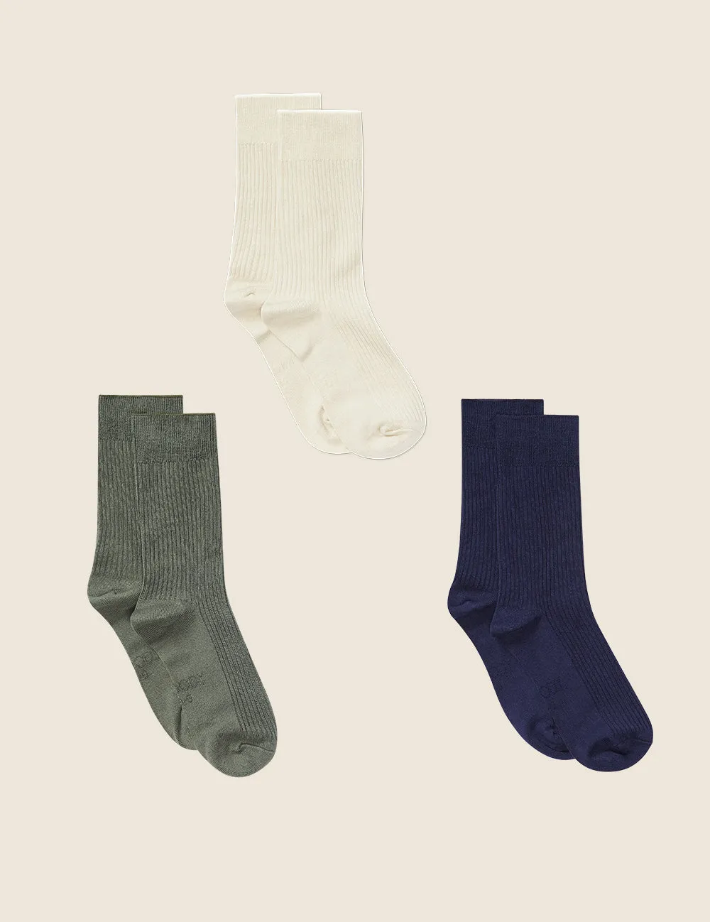 Giftbox - 3-Pack Women's Ribbed Crew Socks - Moss, Oatmeal, Navy