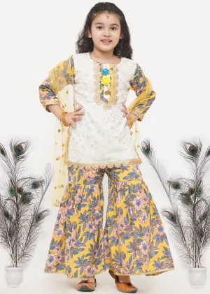 Girl's Cotton Floral Embroidery Kurta With Floral Detaling And And Floral Sharara With Dupatta - White And Yellow  - Little Bansi Girls