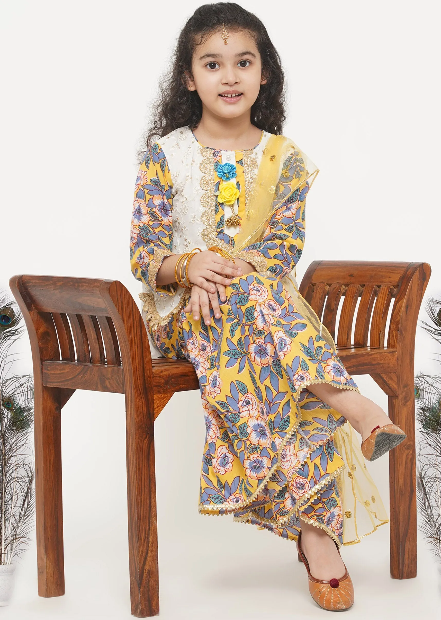 Girl's Cotton Floral Embroidery Kurta With Floral Detaling And And Floral Sharara With Dupatta - White And Yellow  - Little Bansi Girls