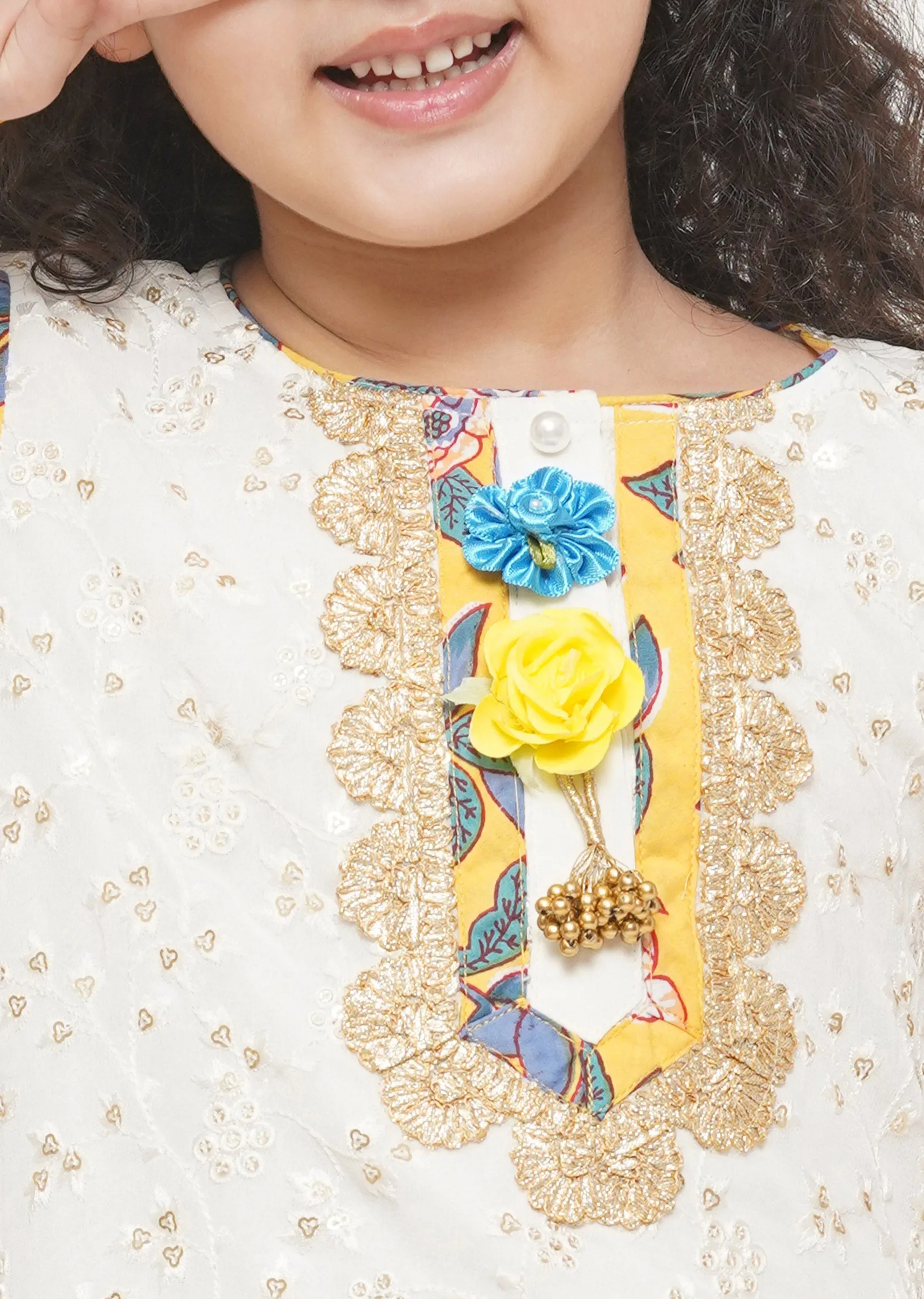 Girl's Cotton Floral Embroidery Kurta With Floral Detaling And And Floral Sharara With Dupatta - White And Yellow  - Little Bansi Girls