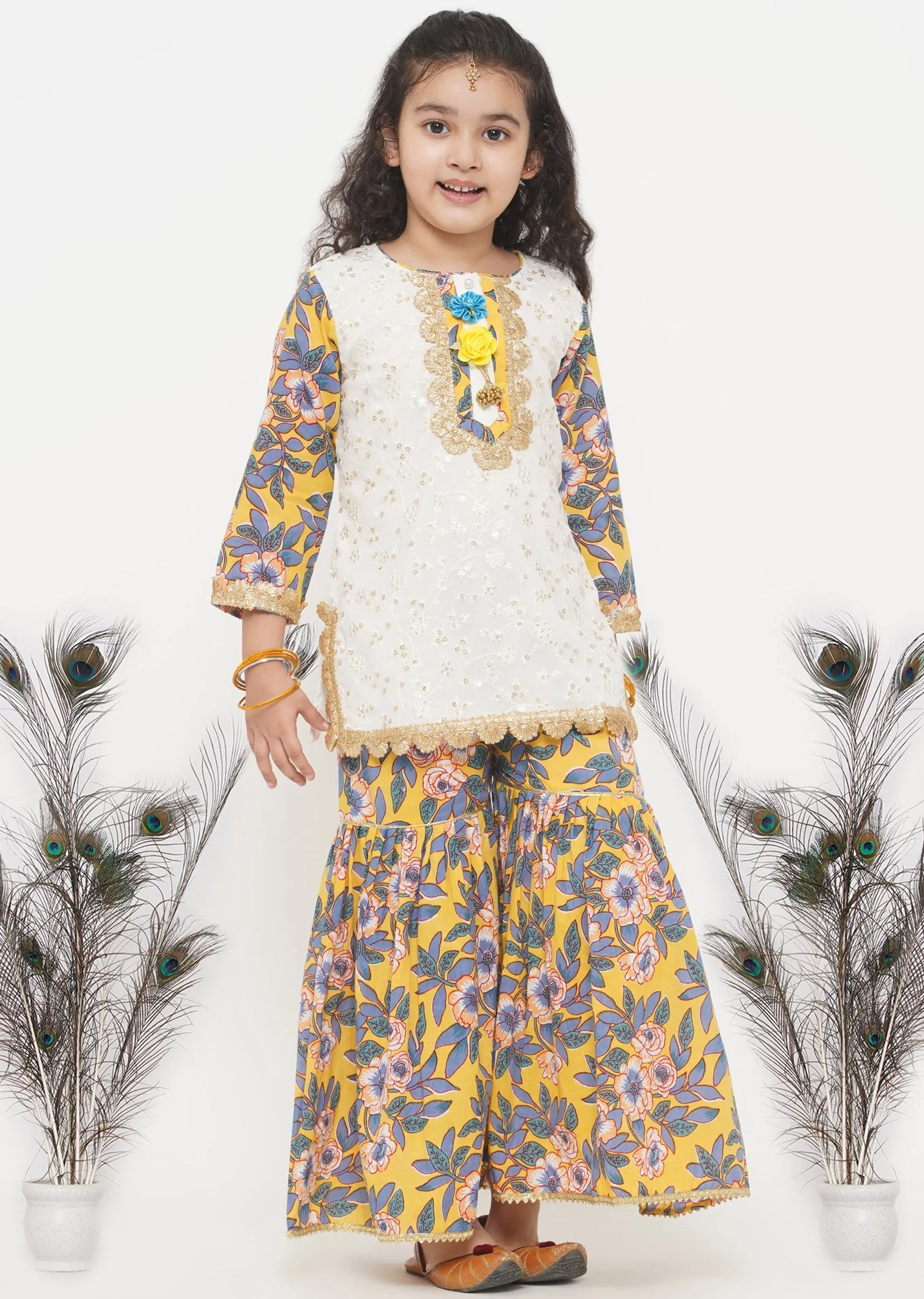 Girl's Cotton Floral Embroidery Kurta With Floral Detaling And And Floral Sharara With Dupatta - White And Yellow  - Little Bansi Girls