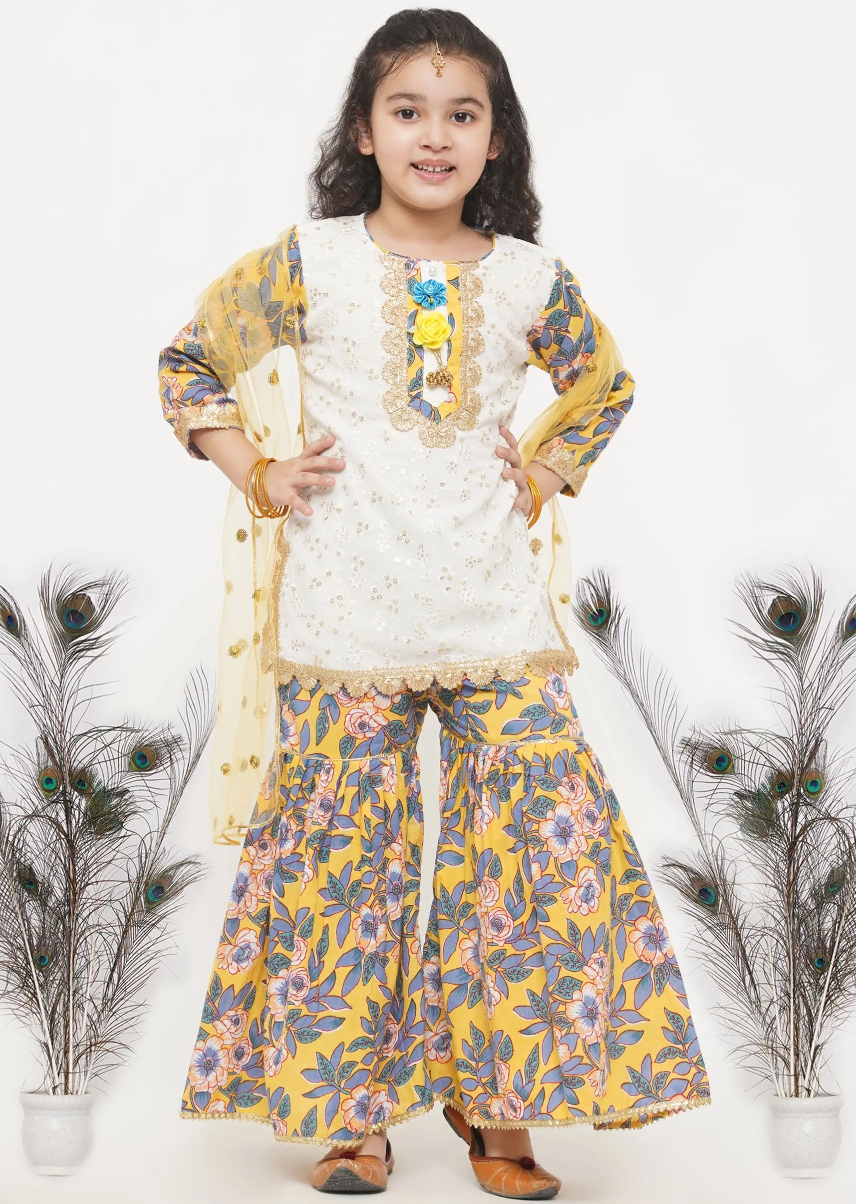 Girl's Cotton Floral Embroidery Kurta With Floral Detaling And And Floral Sharara With Dupatta - White And Yellow  - Little Bansi Girls