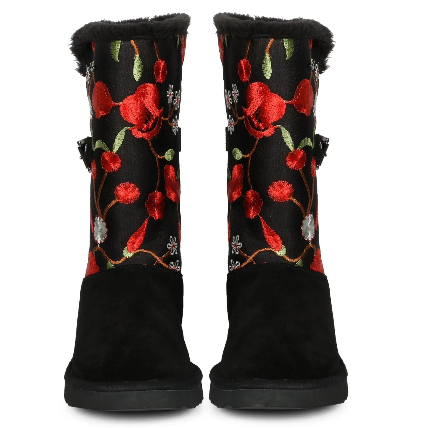 Gloire Buckle Décor Floral Embroidery Snug Boots