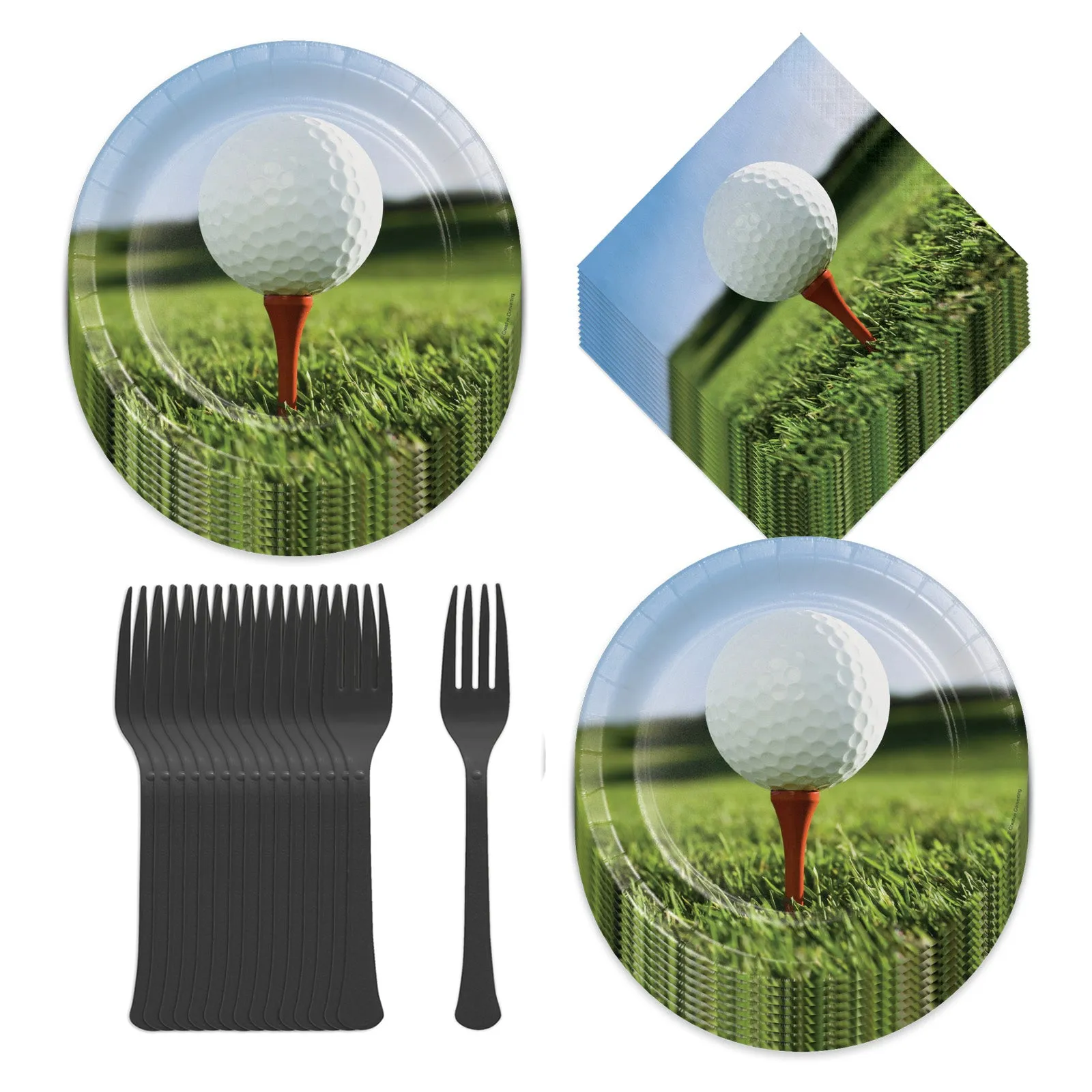 Golf Party Supplies Ball & Tee Paper Dinner Plates, Luncheon Napkins, and Forks (Serves 16)