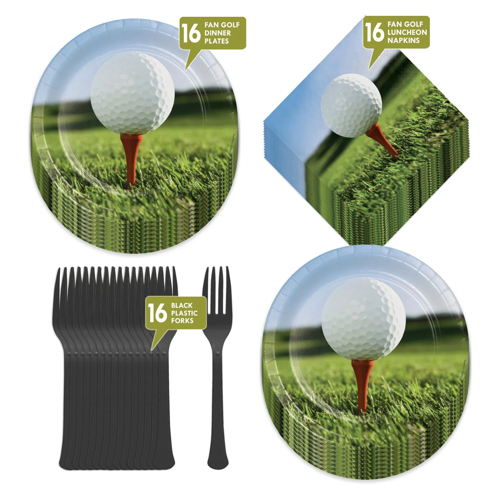 Golf Party Supplies Ball & Tee Paper Dinner Plates, Luncheon Napkins, and Forks (Serves 16)