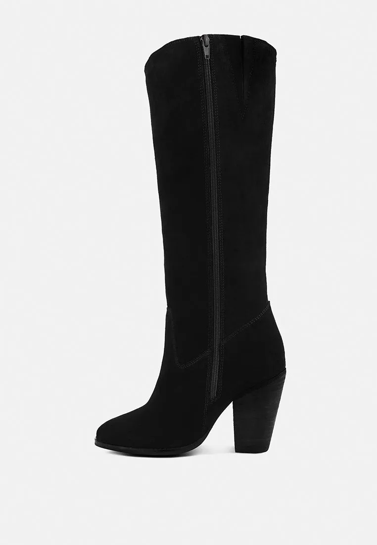 GREAT-STORM Black Suede Leather Calf Boots