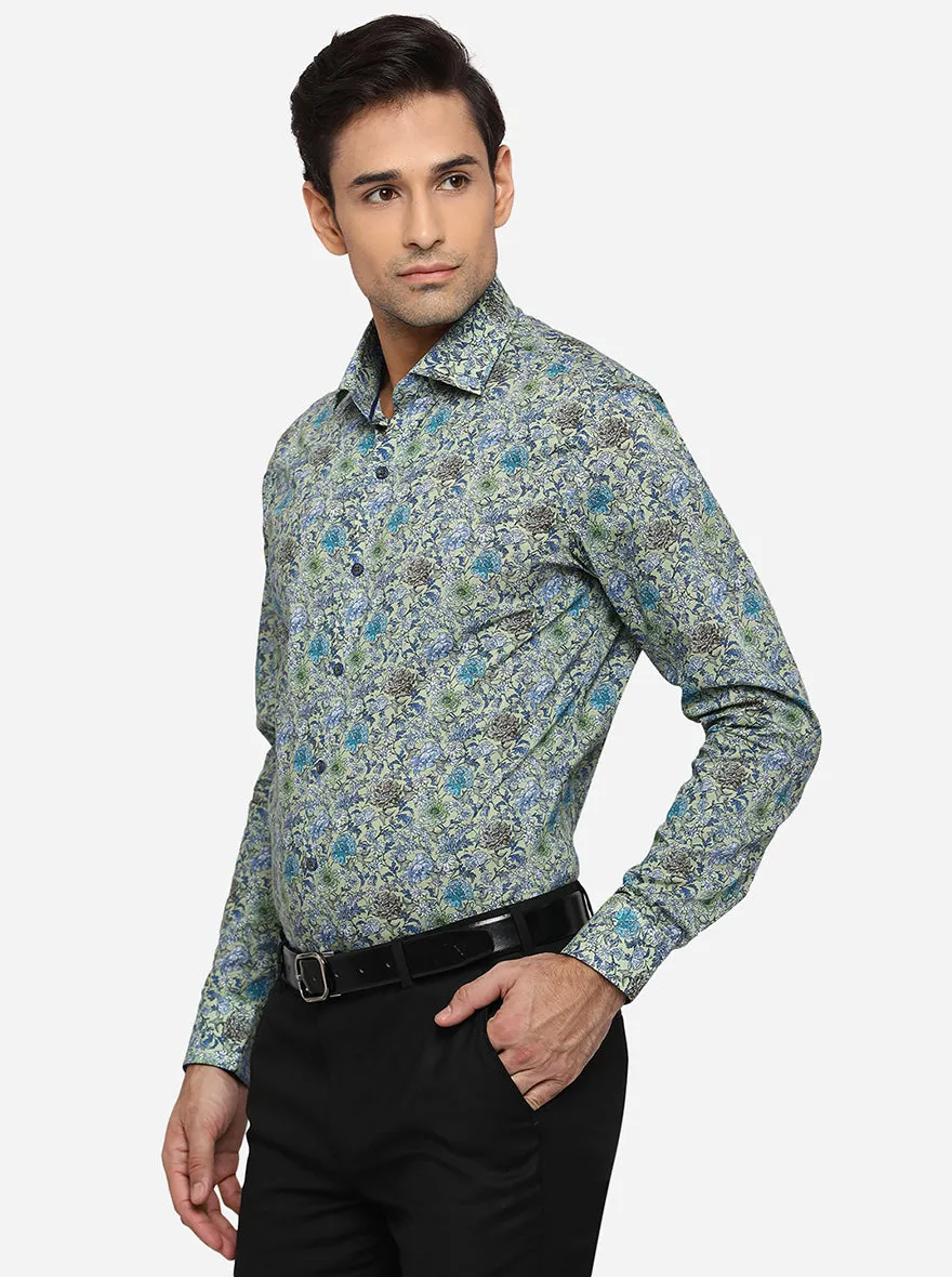 Green & Blue Printed Slim Fit Party Wear Shirt | JB Studio