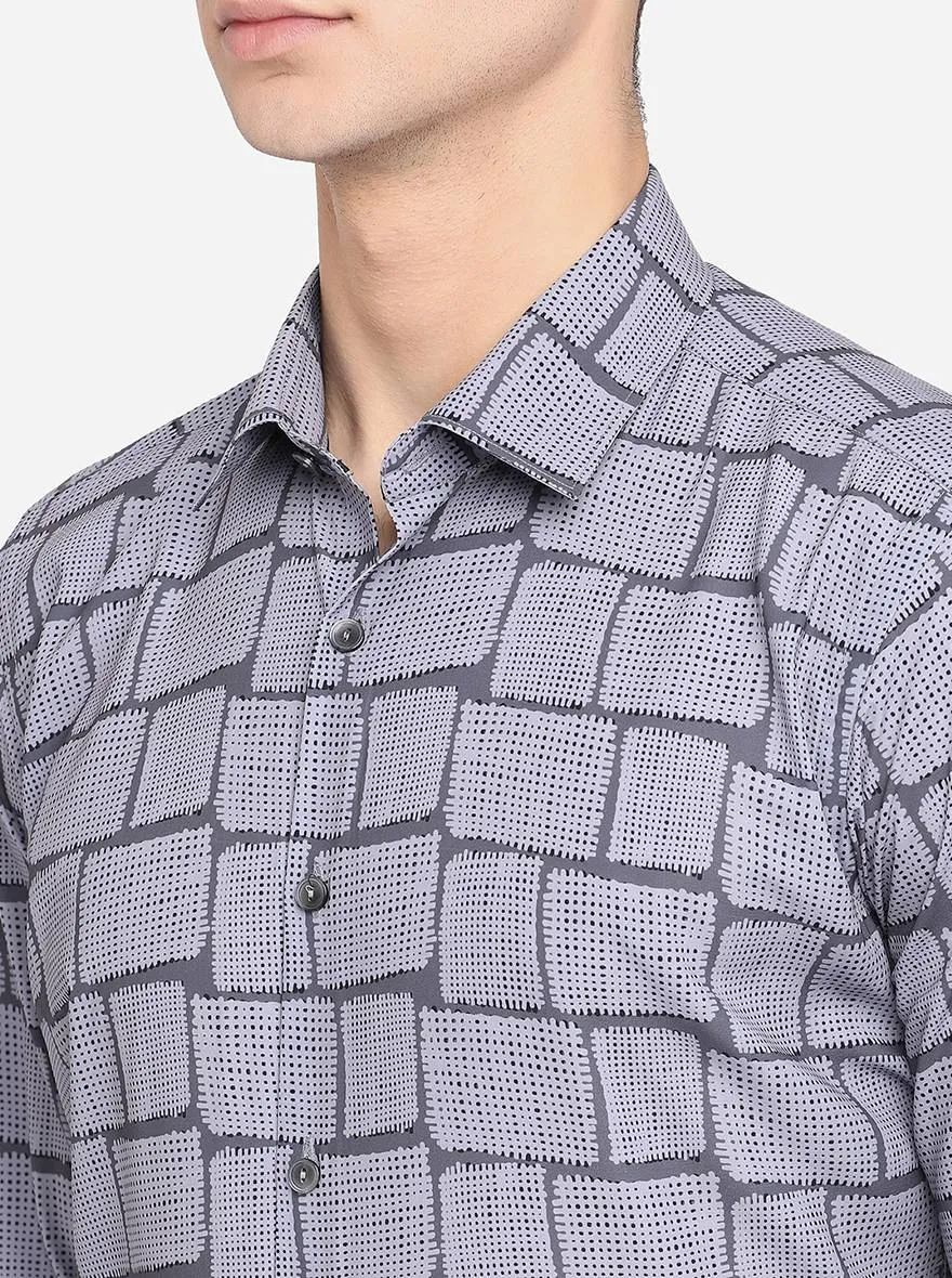 Grey & Black Printed Slim Fit Party Wear Shirt | JB Studio