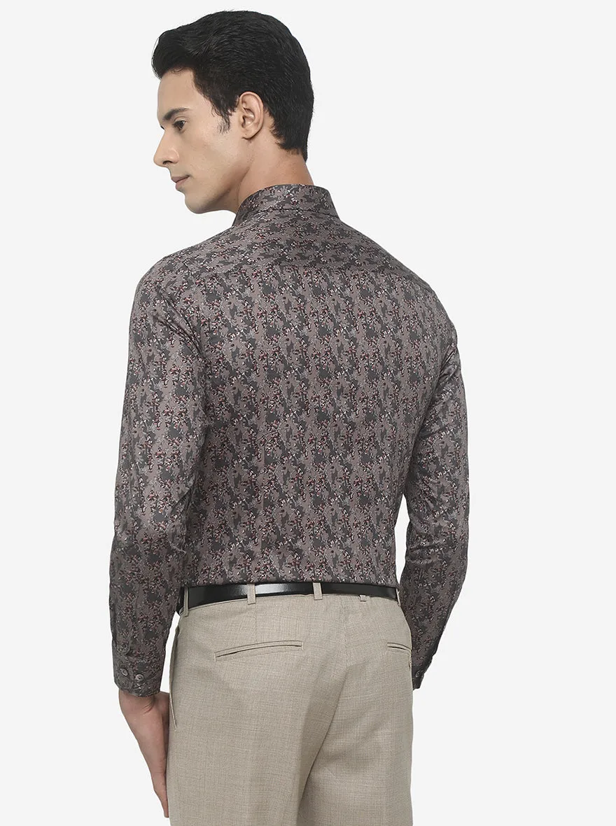 Grey & Brown Printed Slim Fit Party Wear Shirt | Wyre