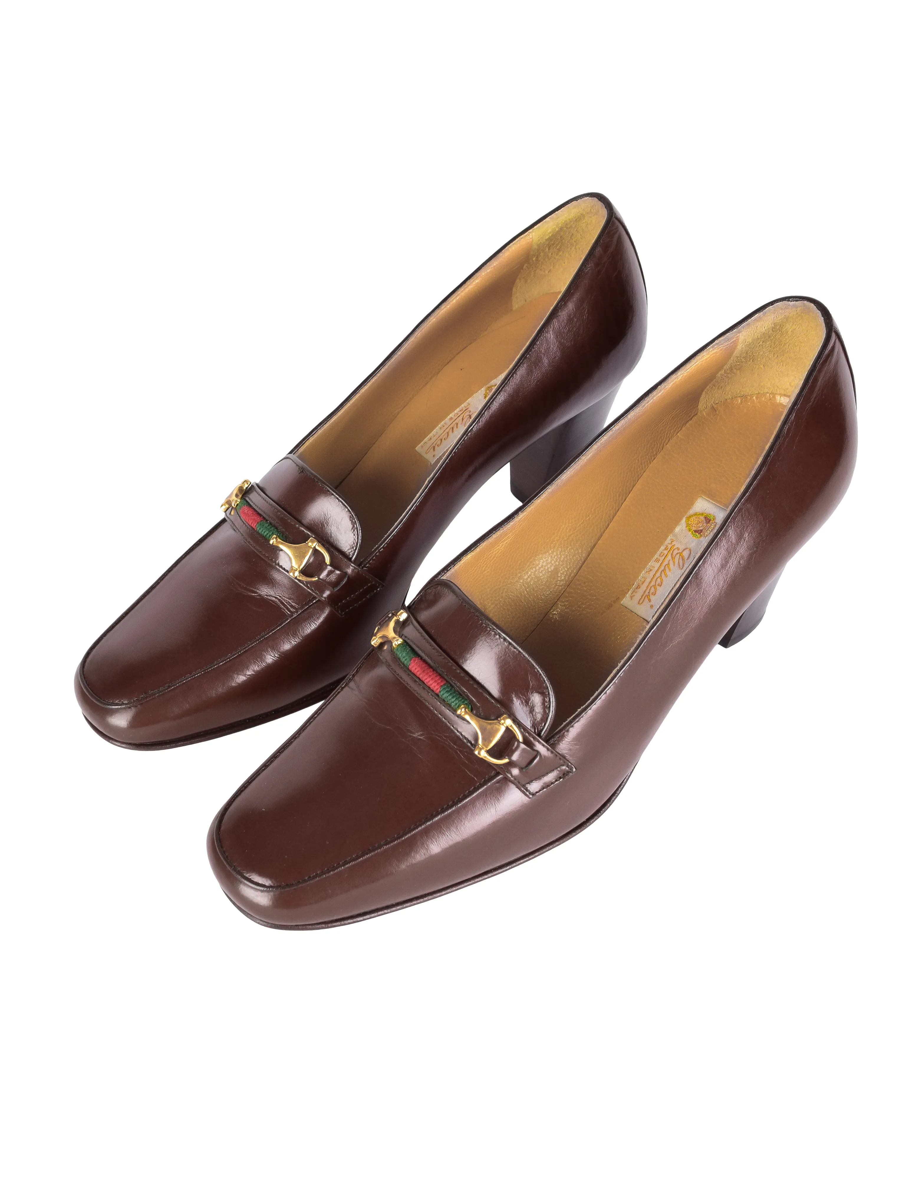 Gucci Vintage AW 1984 Brown Leather Horsebit Loafer Heels