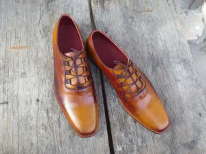 Hand Stitch Custom Handmade Bespoke Tan Patina Shoes, Genuine Leather Dress Shoes