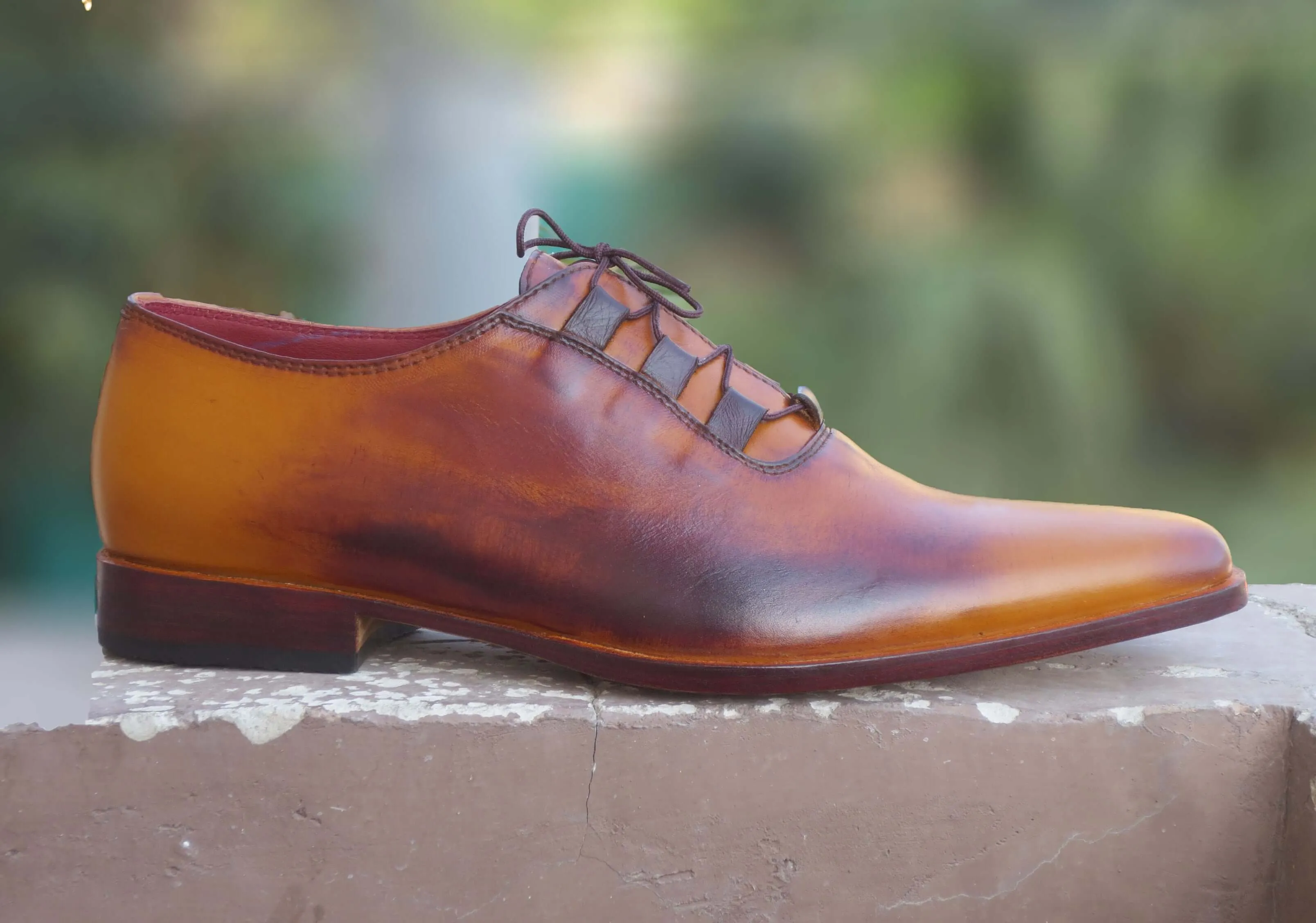 Hand Stitch Custom Handmade Bespoke Tan Patina Shoes, Genuine Leather Dress Shoes