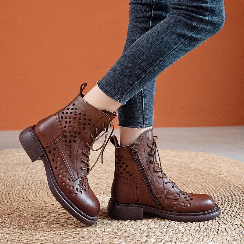 Handmade Genuine Leather Hollow Out Boots Women Breathable Summer Shoes Side Zipper Ankle Boots Brown/Black