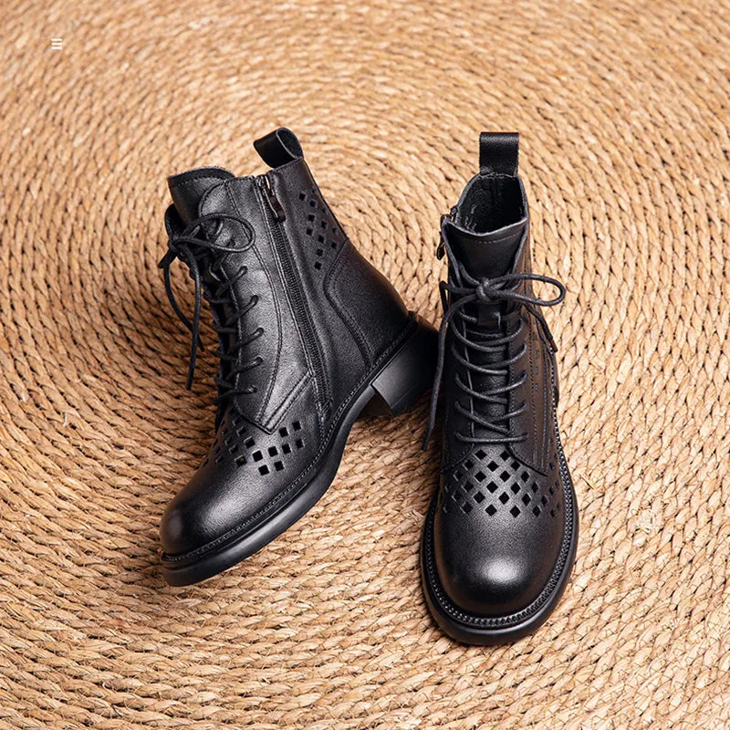 Handmade Genuine Leather Hollow Out Boots Women Breathable Summer Shoes Side Zipper Ankle Boots Brown/Black