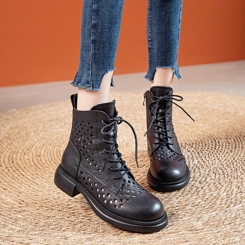 Handmade Genuine Leather Hollow Out Boots Women Breathable Summer Shoes Side Zipper Ankle Boots Brown/Black