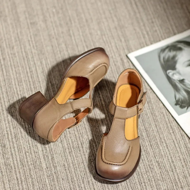 Handmade Leather T-strap Block Heel Mary Jane Shoes For Summer Retro Sandals in Green/Brown