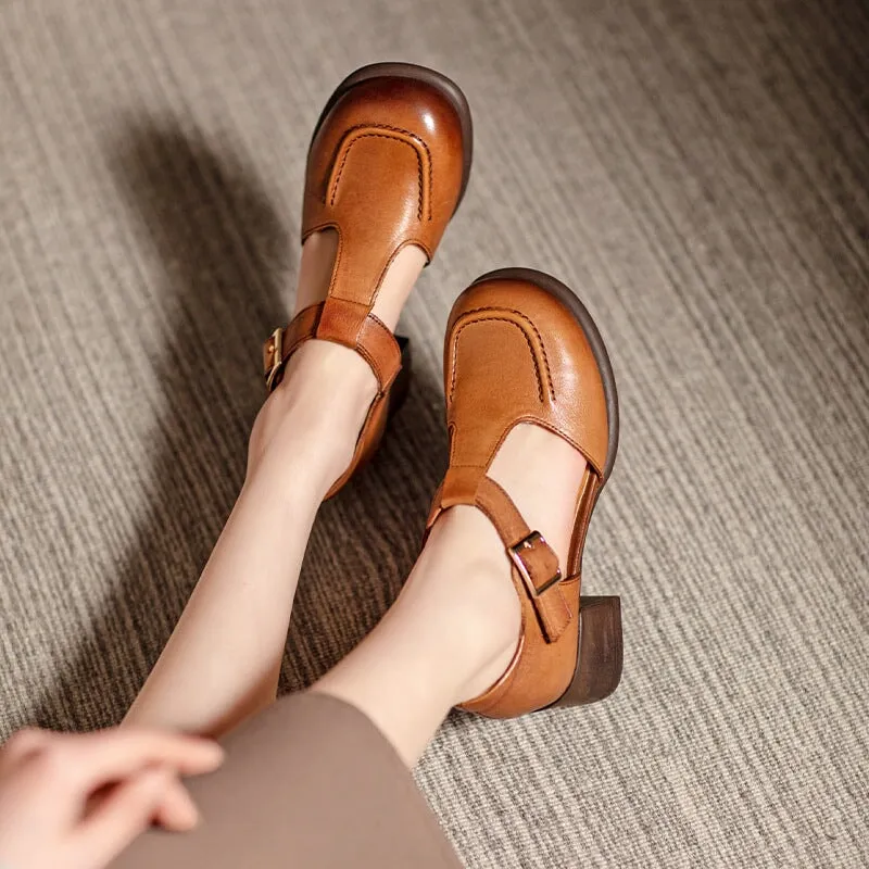 Handmade Leather T-strap Block Heel Mary Jane Shoes For Summer Retro Sandals in Green/Brown