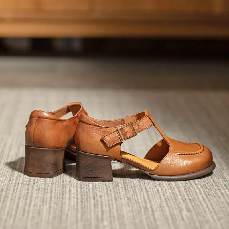 Handmade Leather T-strap Block Heel Mary Jane Shoes For Summer Retro Sandals in Green/Brown