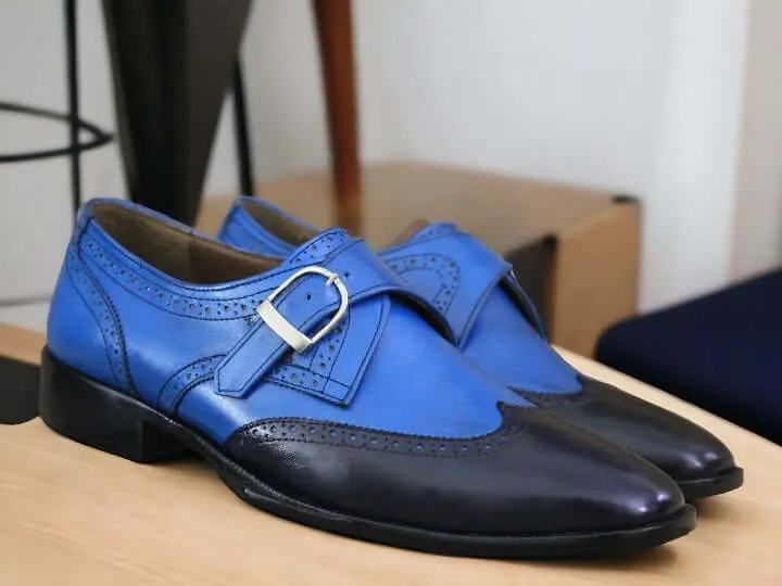 Handmade Men's Blue Monk Dress Leather Buckle Shoes